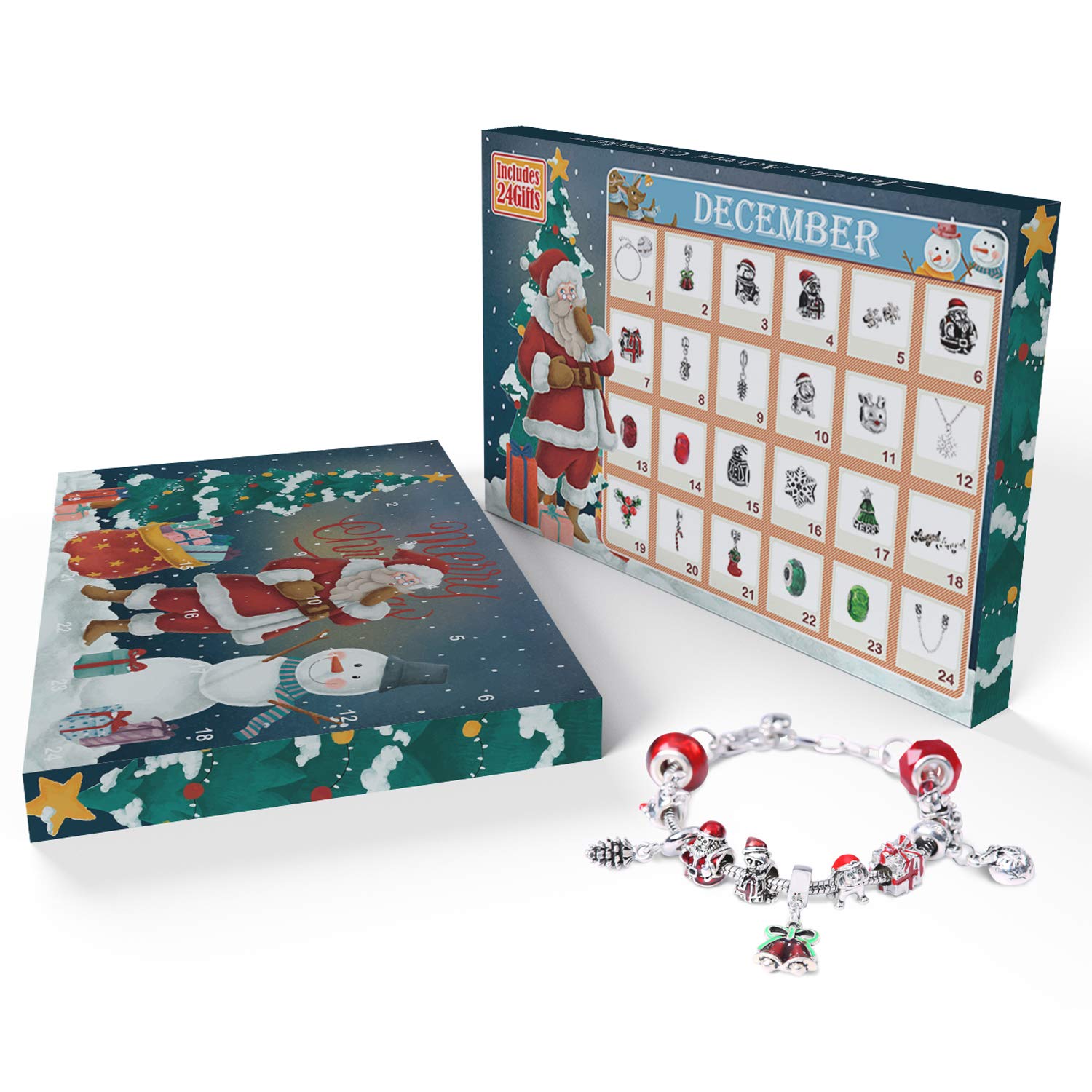 Yun NistChristmas Advent Calendar 2023 Charm Bracelet 24 Days Countdown Calendars Jewelry Set for Kids/Childs New Year Gift - 1 Bracelet, 1 Necklace, 2 Pair Earrings, 20 DIY Charms