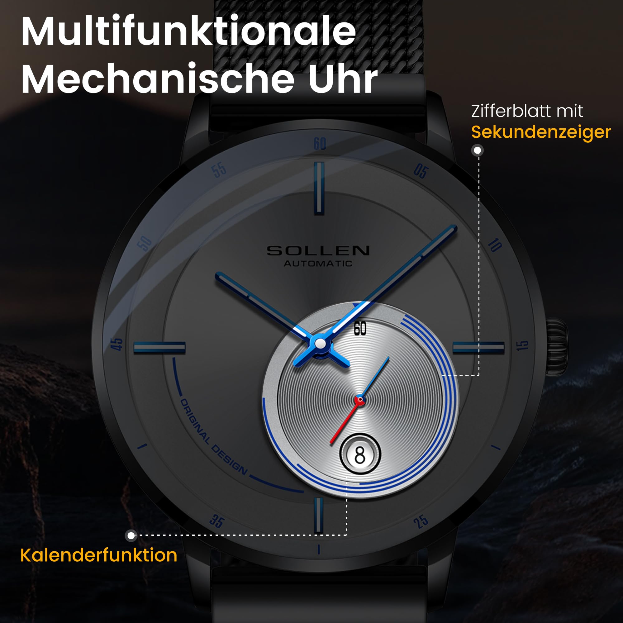 SOLLEN Klassische Herrenuhren Automatik,Automatische Herrenuhren mit Originales Mechanisches Uhrwerk,Automatikuhren Herren mit Kalendar & Sekundenzeiger,Leuchtend Armbanduhren als Geschenk für Männer