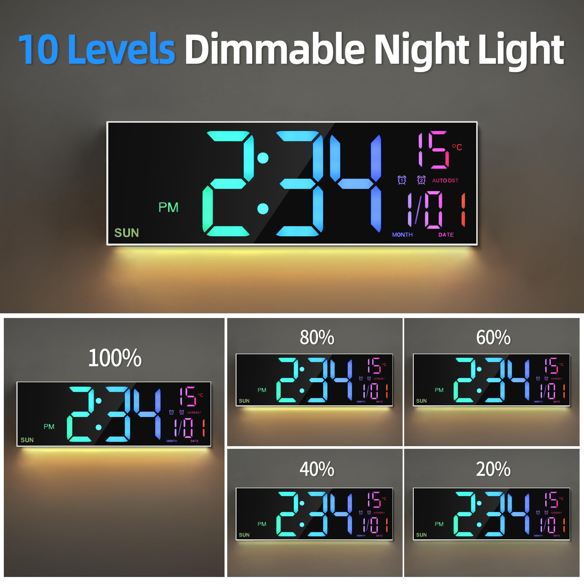 LEIKE Grande horloge murale numérique de 40,6 cm avec télécommande, double alarme pour salon, chambre à coucher, décoration de cuisine, 8 couleurs RVB, grand écran LED, luminosité automatique, date,