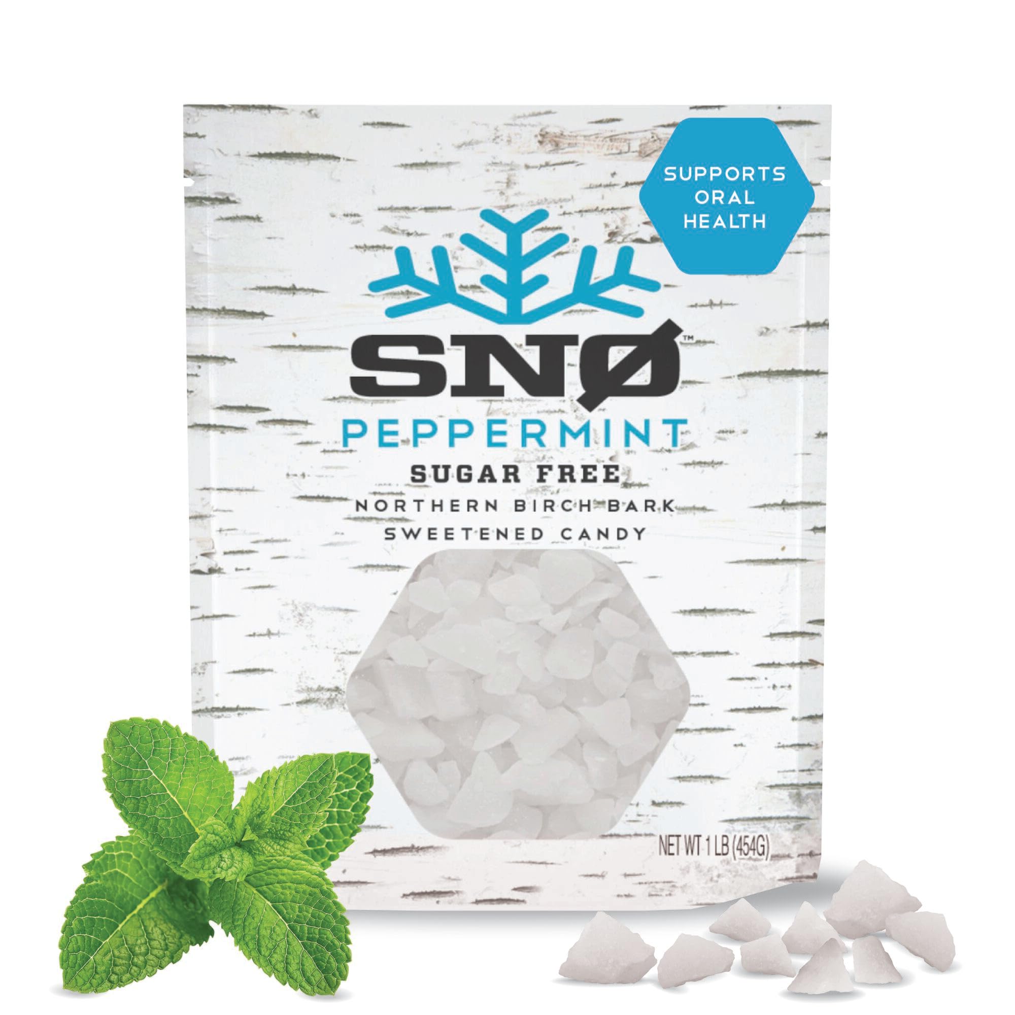SNØ Peppermint Xylitol Candy Chips | Pure Birch Xylitol | Sugar-Free, Low-Carb, Diabetic-Friendly | Oral Health Support | Vegan, Non-GMO, Gluten-Free, Kosher, Keto-friendly (1 LB Bag)