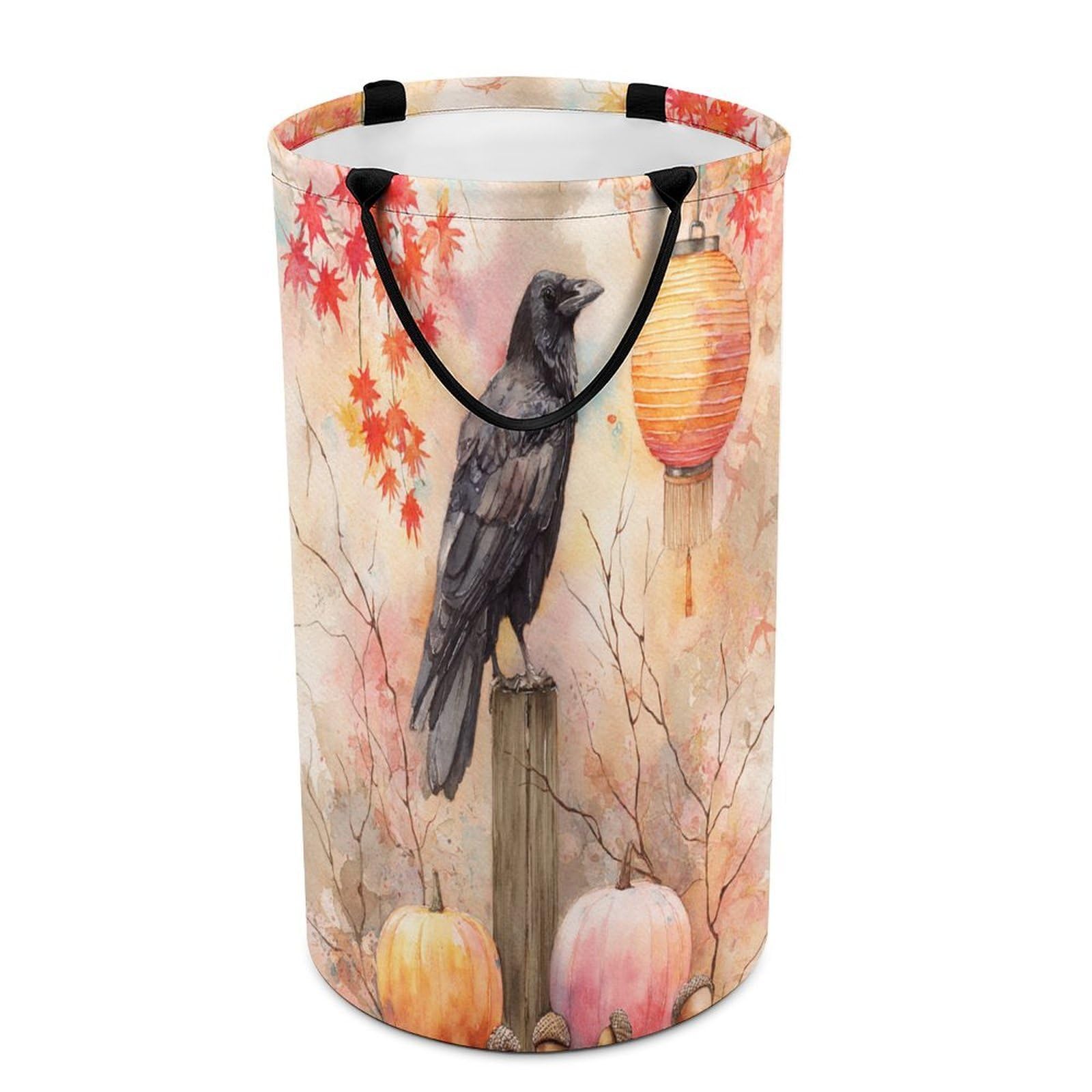 LUYYSKY Classic Aesthetic Black Crow Versatile Storage Laundry Basket, Vintage Beautiful Halloween Plant Pumpkin Maple Leaves Animal Raven Large Bathroom Hamper With Handle-40 CM Dia, 69 CM High