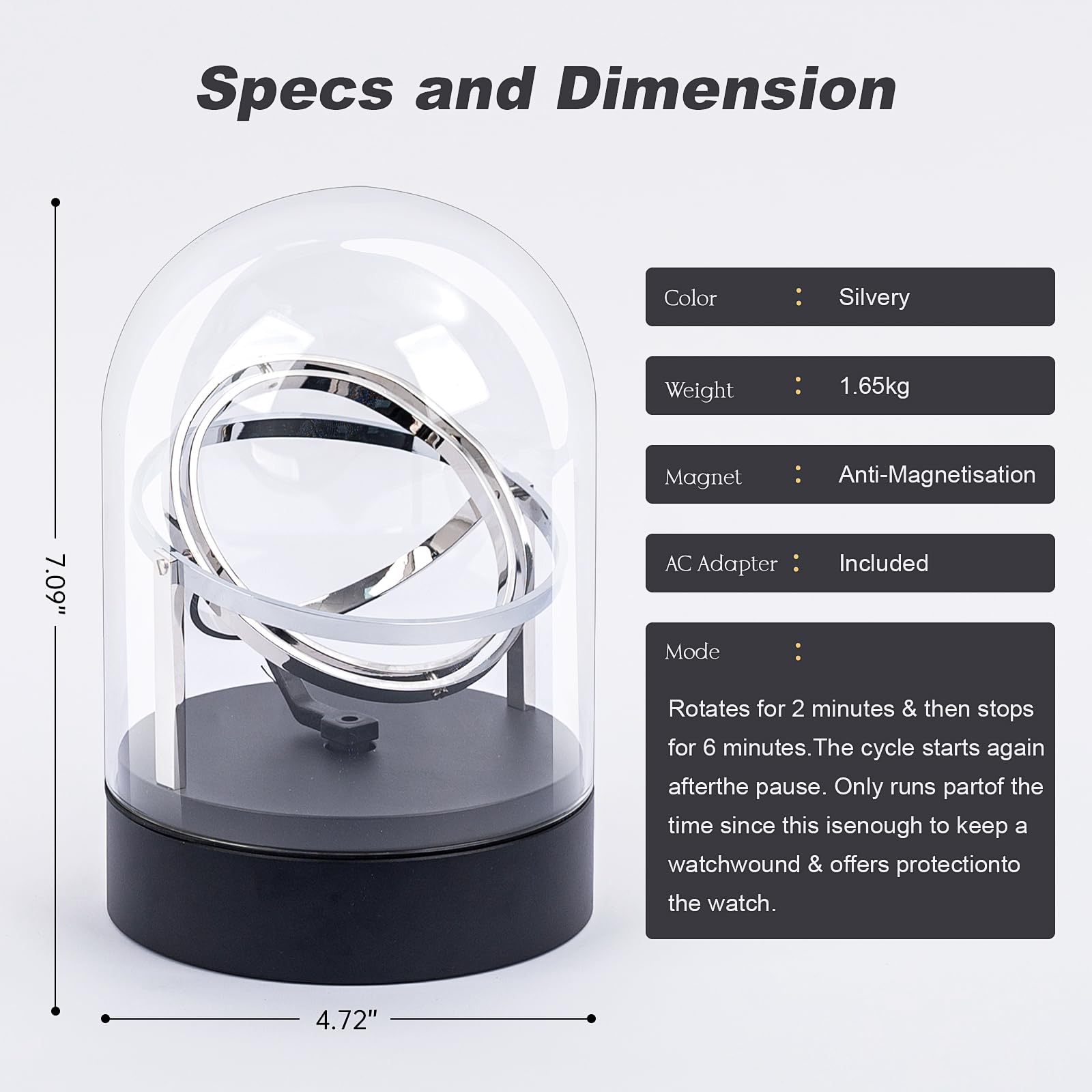Ultra Leise Uhrenbeweger für Automatikuhren, <15dB Silent Rotation, 4 Modi & 6 Richtungen, für Automatikuhren Rolex/Omega, Anti-Magnetischer Motor mit Glasvitrine (Silber)