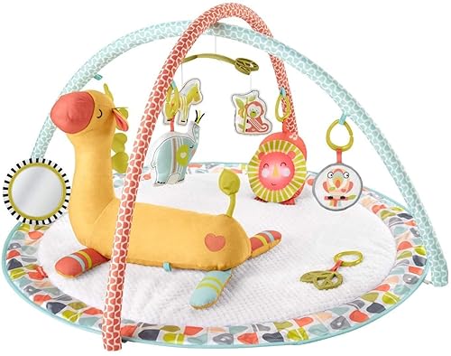 Fisher-Price Go Wild Gym & Giraffe Wedge, gimnasio de actividades para bebés con alfombrilla de juego grande, juguete musical y cuña de apoyo para