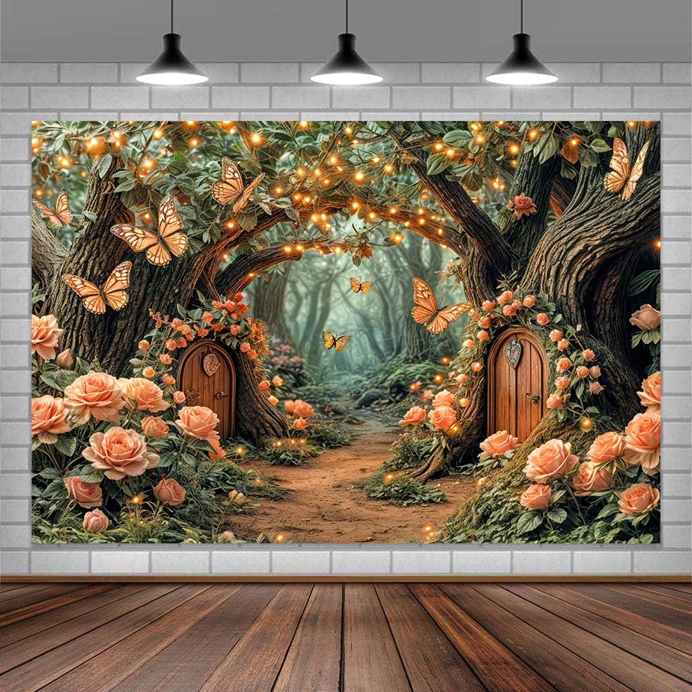 Fairytale Forest Backdrop, Fairy Garden Tale Mushroom Wonderland House Butterfly Leaves Photography Background, Spring Kids Magic Party Decoration