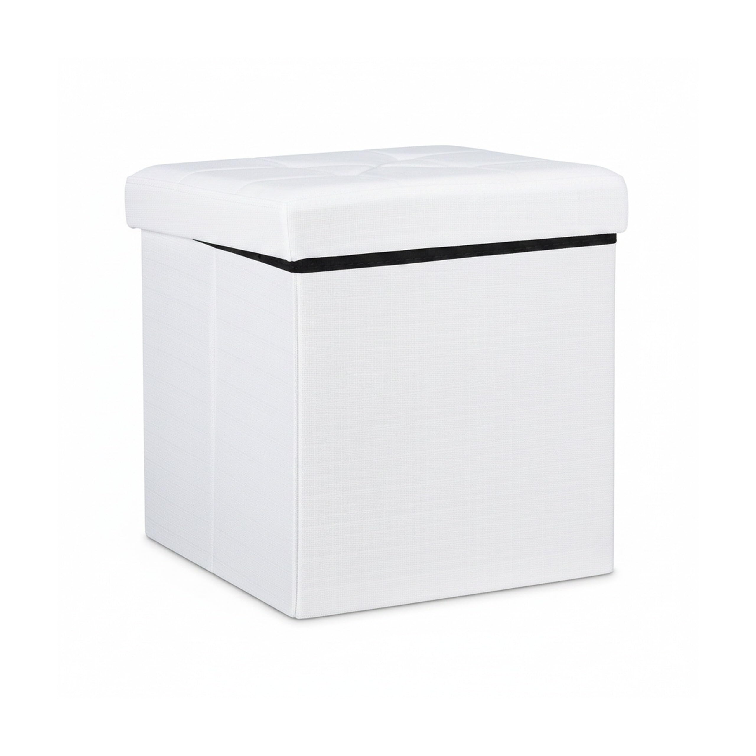 Relaxdays Pouf Pieghevole Con Contenitore, Sgabello a Forma di Cubo, Lino, Coperchio Rimovibile, 38x38x38 cm, Bianco