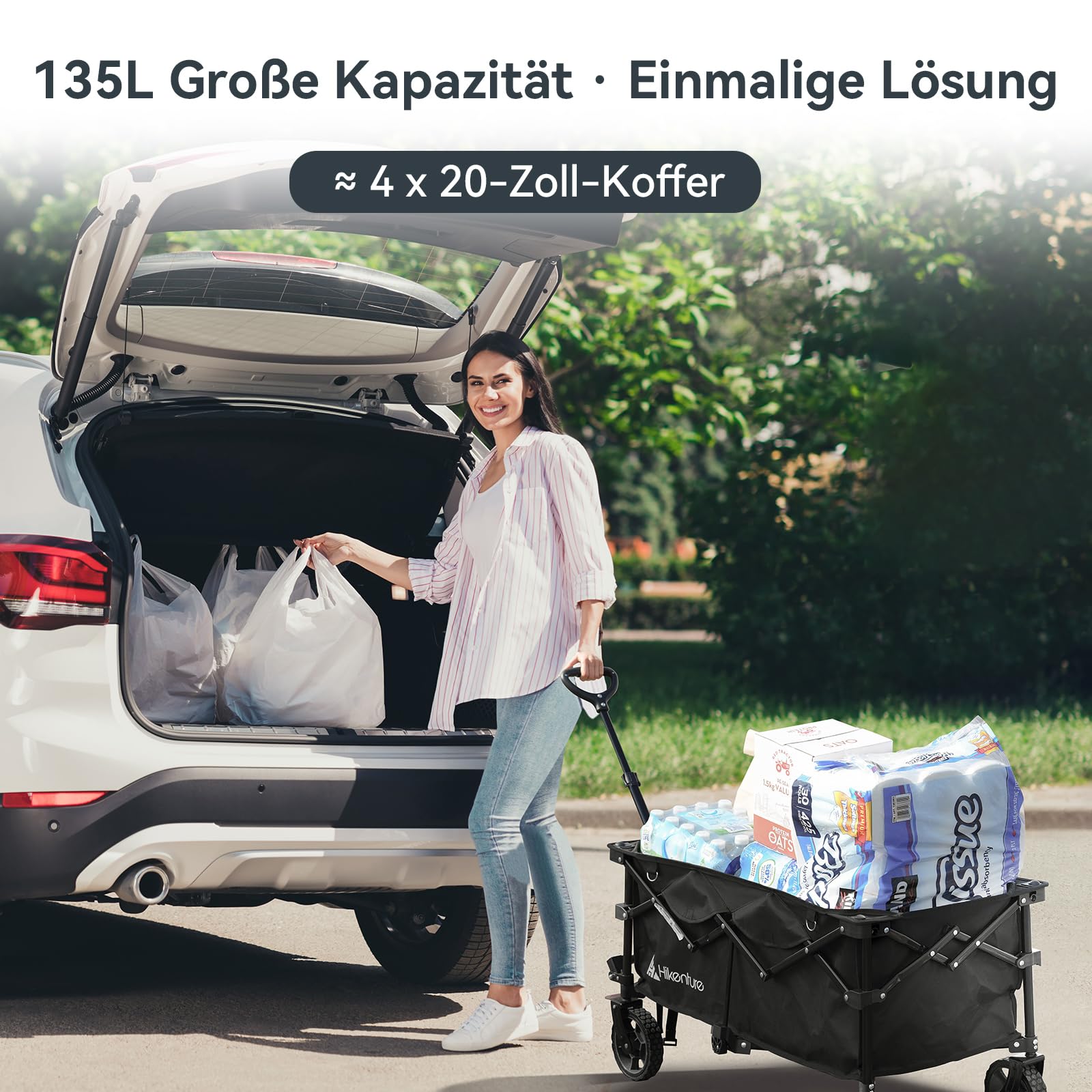 HIKENTURE Bollerwagen Faltbar 135L - Faltbarer Bollerwagen 150KG belastbar - Klappbarer Handwagen für Strand Camping Einkaufen - Faltbollerwagen