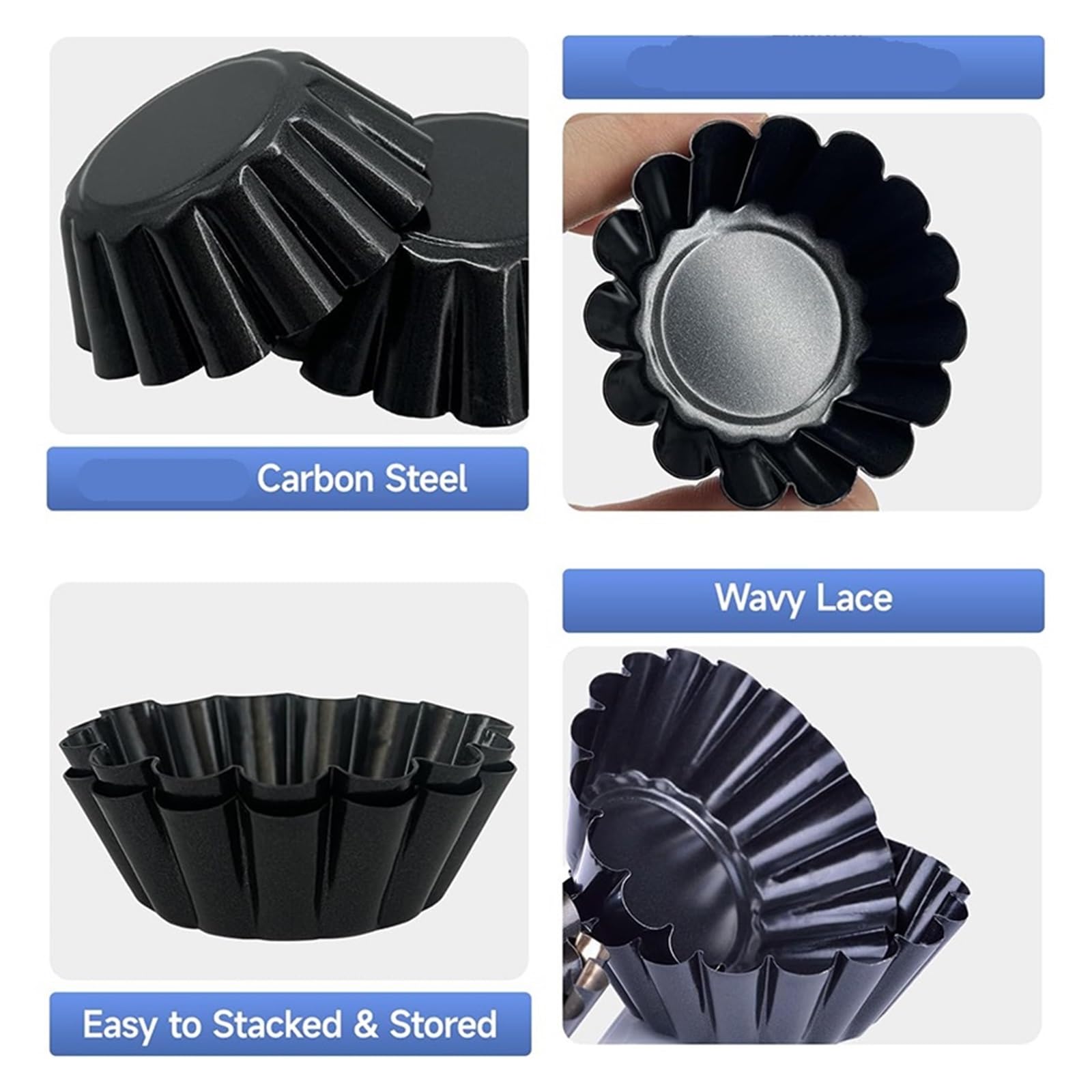 Molde para tartaletas de acero al carbono Moldes for mini tartaletas de acero al carbono, antiadherentes, con forma acanalada, ideales for muffins, cupcakes, tartas, postres y mousses(Black 8 Pieces)