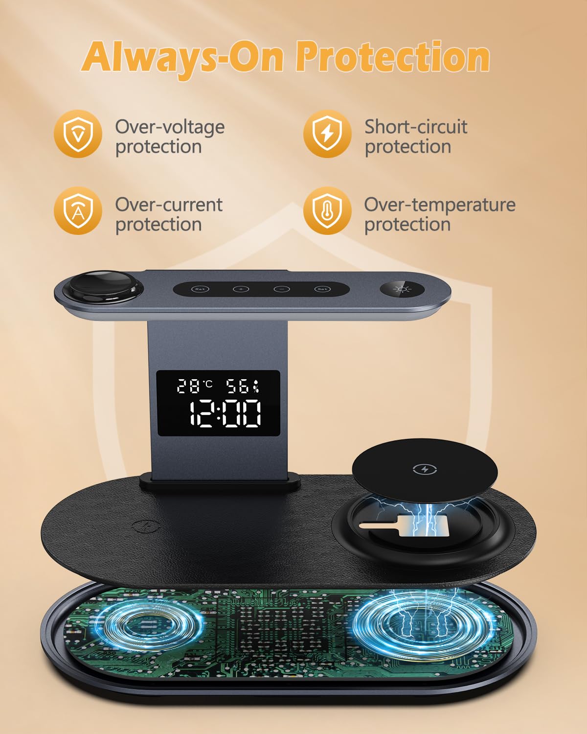 Stazione di ricarica wireless 3 in 1, supporto per caricabatterie rapido con adattatore QC 3.0, luce notturna a 3 livelli per smartphone, auricolari, smartwatch