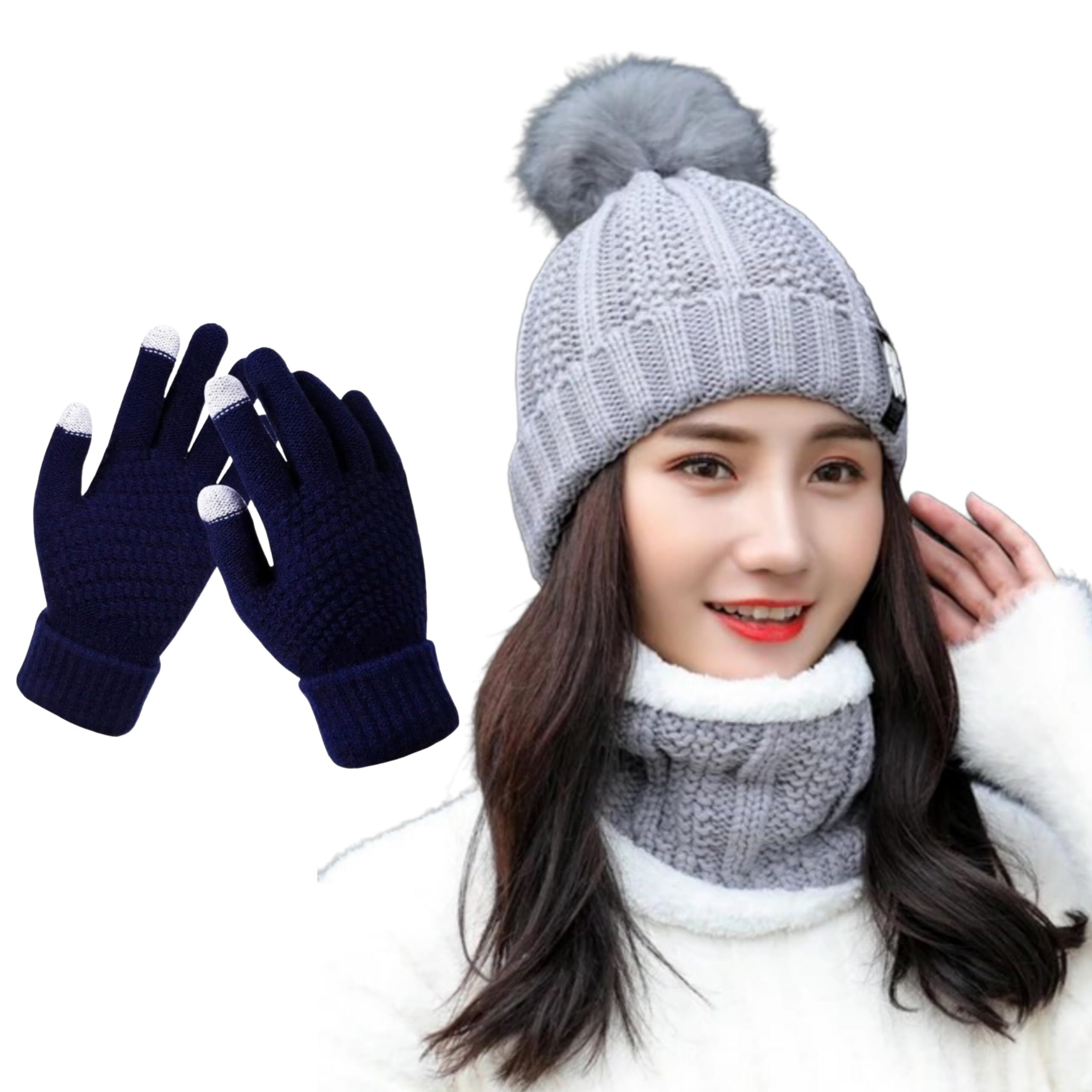 reffer Winter caps for Women Winter Cap, Neck Warmer Touch Gloves Set Double Layers Woolen Warm and Stylish Winter Cap for Women Girls-picture-48