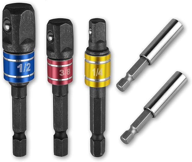 Impact Driver Socket Adapter3-Piece 1/4" 3/8" 1/2" Square Driver and 2-Piece Universal 1/4" Magnetic Hex Shank Bit HolderCordless Impact Sockets Bit Set for Power Drill and Electric Screwdriver