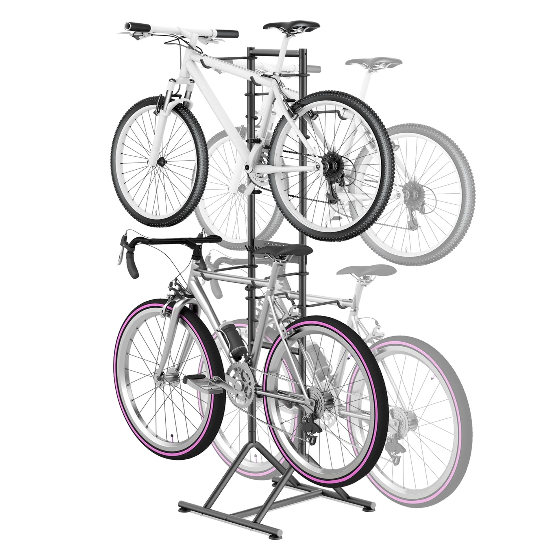 Mimoke Portabici per 4 biciclette, autoportante e senza trapano, regolabile in altezza per ruote di diverse dimensioni, robusto portabici verticale per garage, cantina e casa, con ganci per accessori