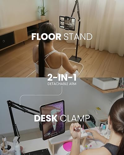 Miniatura 3 de Soporte de suelo 2 en 1 para tablet con soporte para tablet para escritorio, base estable de 8 libras con brazo elástico para cama, sofá o