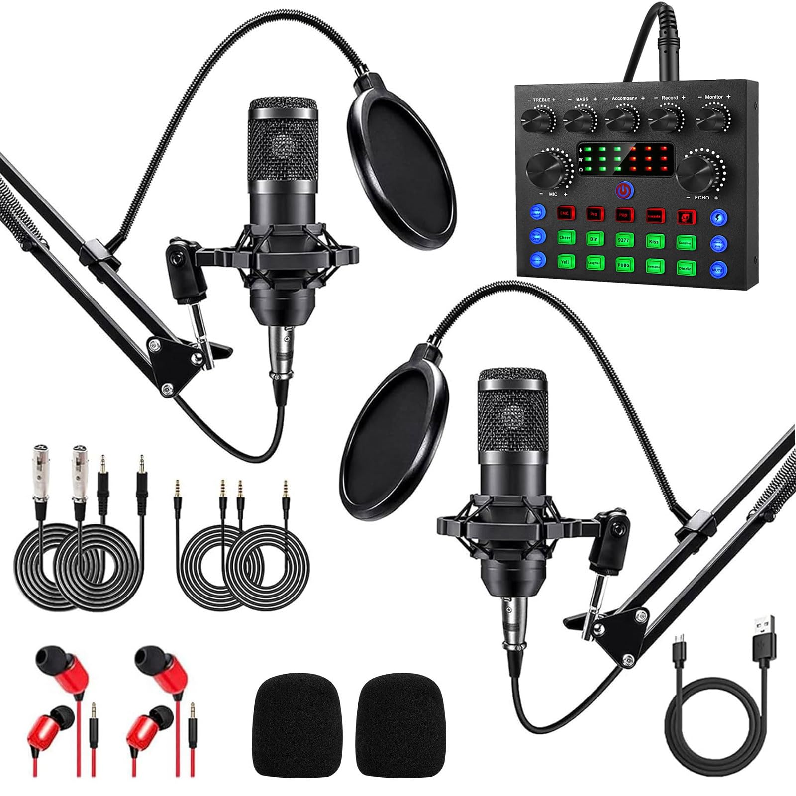BM800 Kit Completo de Podcast para 2, Micrófono de Estudio con Directividad Cardioide, Interfaz de Audio y Mezclador DJ, Ideal para Transmisiones en Vivo, Canto, TikTok y YouTube
