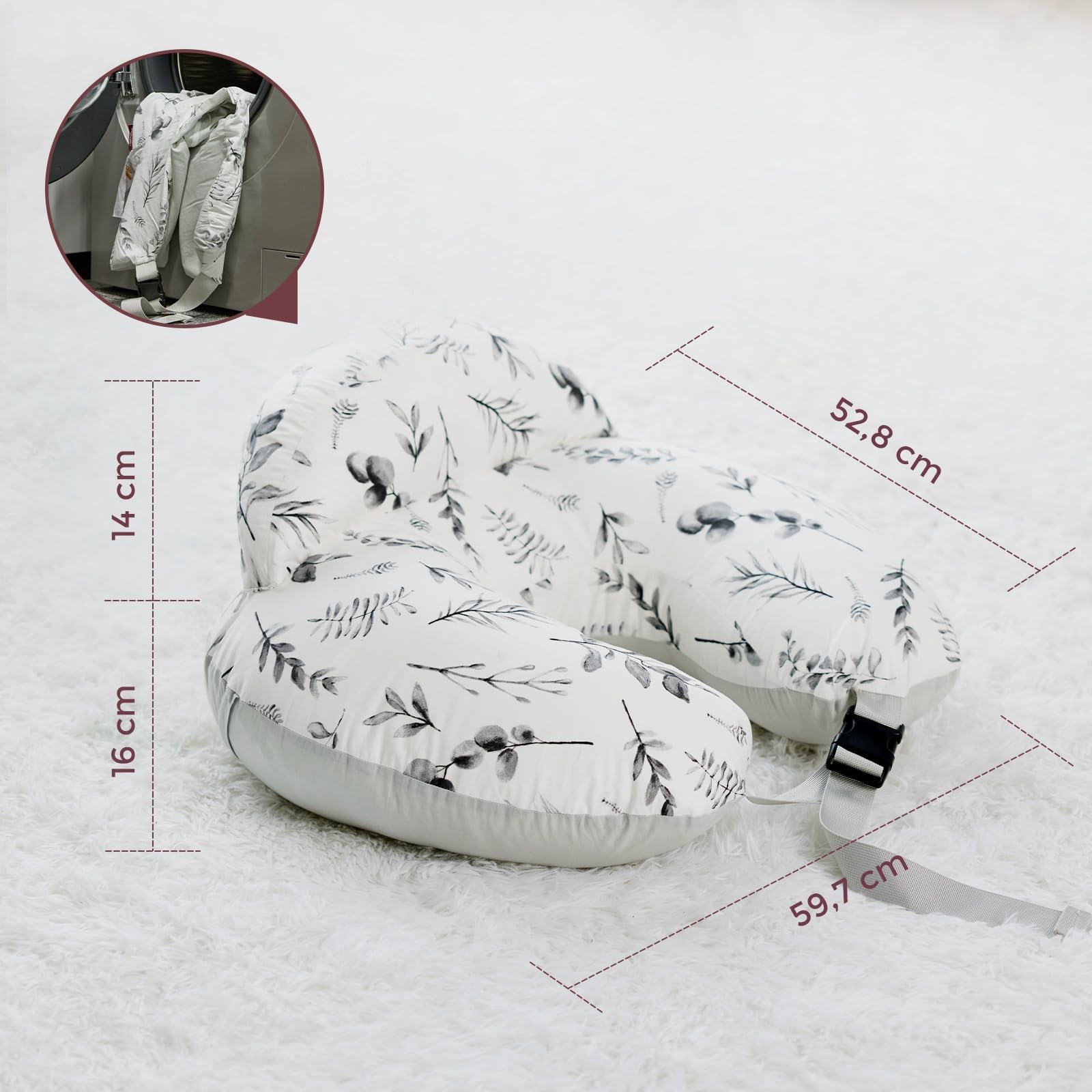 Momcozy Coussin d'allaitement avec bordure de sécurité – Coussin d'allaitement et de positionnement ergonomique avec sangle réglable et housse en coton amovible, feuilles d'encre pâle