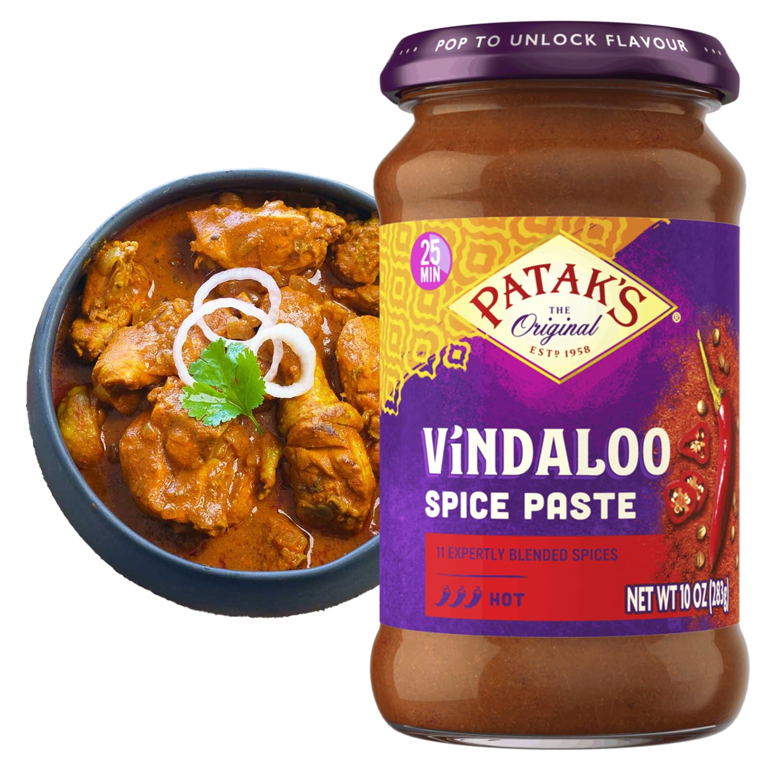 Patak's Vindaloo Spice Paste, Hot Indian Curry with 11 Expertly Blended Spices, Gluten-Free & Vegan, Flavorful Base for Chicken, Seafood, Vegetables & More, 10 oz Jar