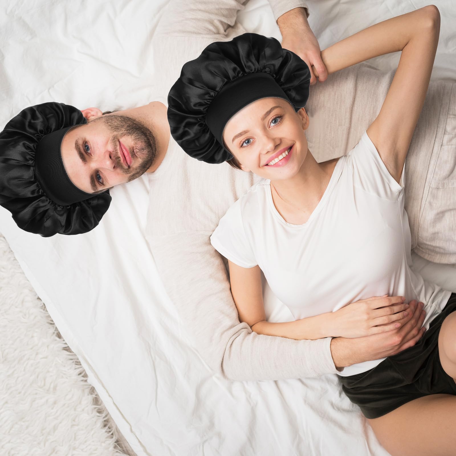 COMNICO Jedwabna czapka do spania, satynowa bonnet, dwuwarstwowy czepek jedwabny, czapka nocna, regulowana, dwustronna, szeroka miękka tasiemka, do kręconych włosów, jedwabny czepek, czarny, jeden