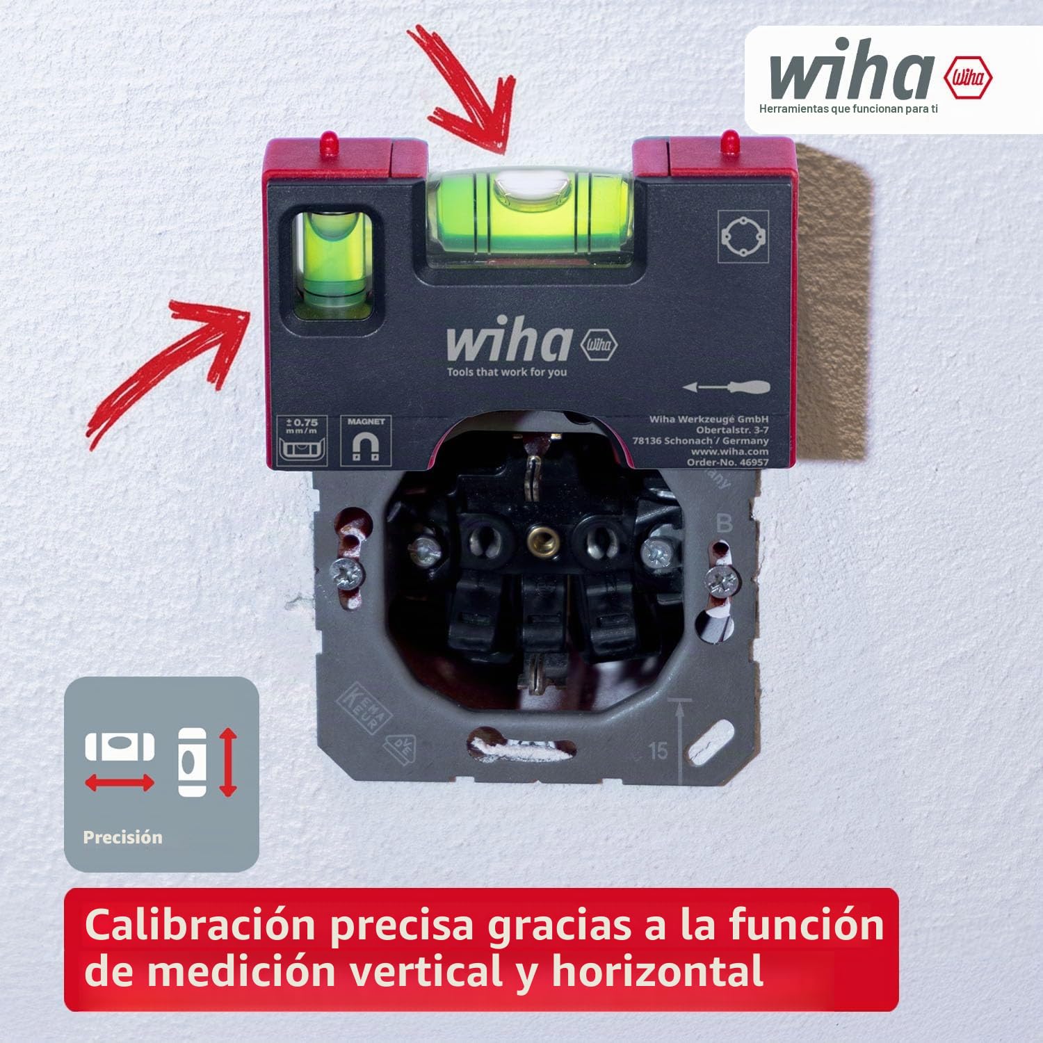 Wiha Mini nivel de burbuja Pocket I 10 cm con imán I Herramienta electricista para enchufe I Nivel horizontal de 4 anillas + nivel vertical para una alineación precisa I Nivel magnético (46957)