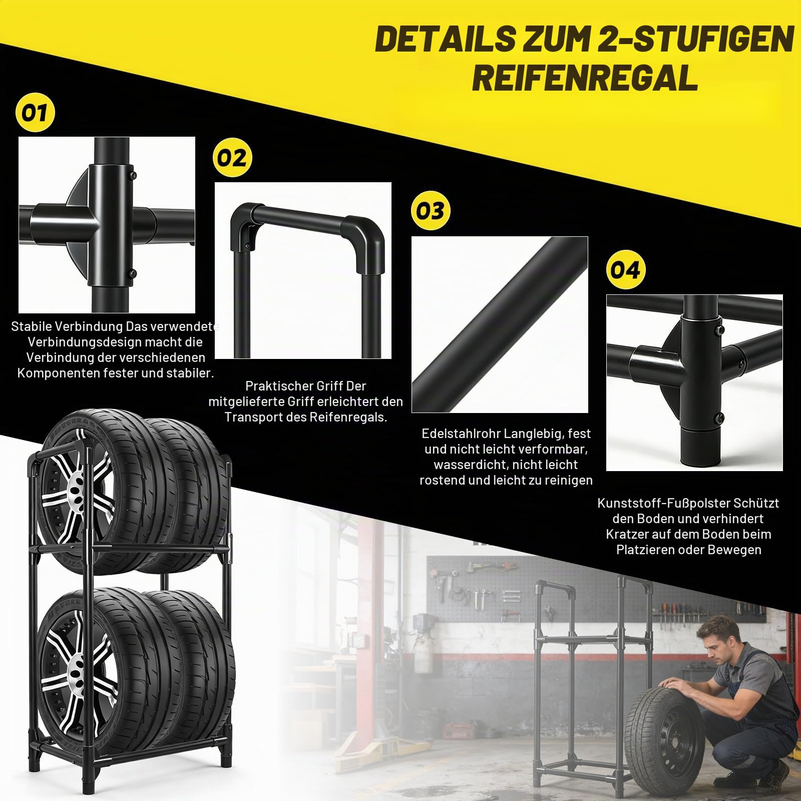EXLECO Reifenständer 4 Reifen 57x37x114cm Schwarz | Felgenbaum für Autoreifen, Werkstattregal, Garagen-Reifenhalter, Tragkraft 200kg, Stahl beschichtet