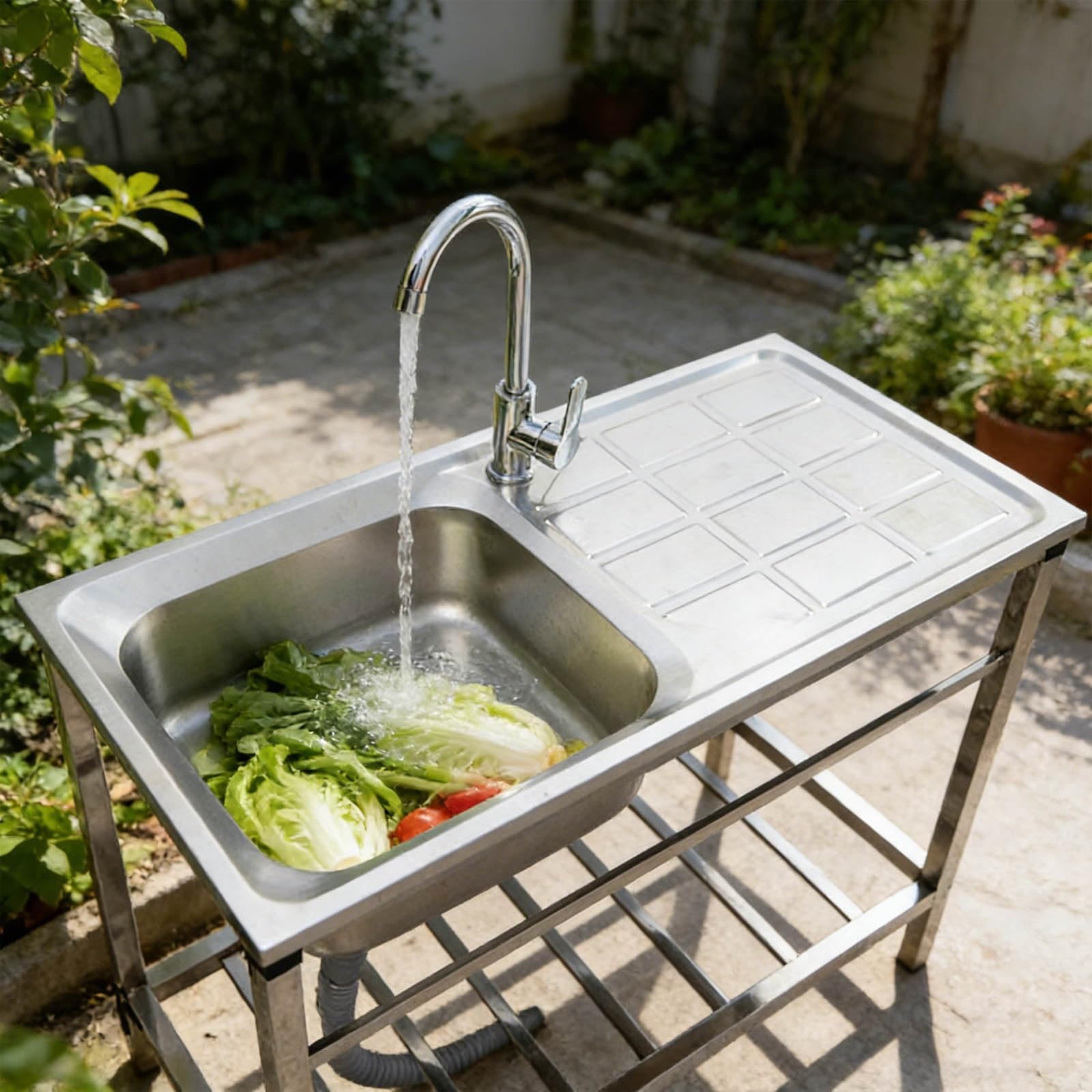 Fregadero Exterior Jardin Acero Inoxidable con Patas Fregadero Portatil Camping Fácil De Limpiar con Grifo Y Soporte Fregadero Comercial para Lavandería Cocina Al Aire Libre