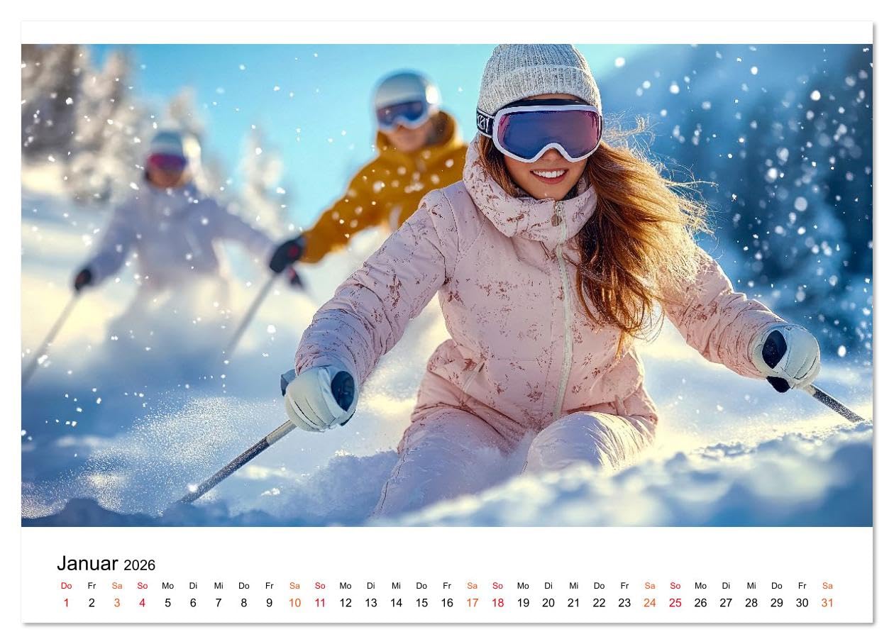 Skifahren - endlich Schnee (hochwertiger Premium Wandkalender 2026 DIN A2 quer), Kunstdruck in Hochglanz: Den Winter zwölf Monate lang genießen. (CALVENDO Sport)
