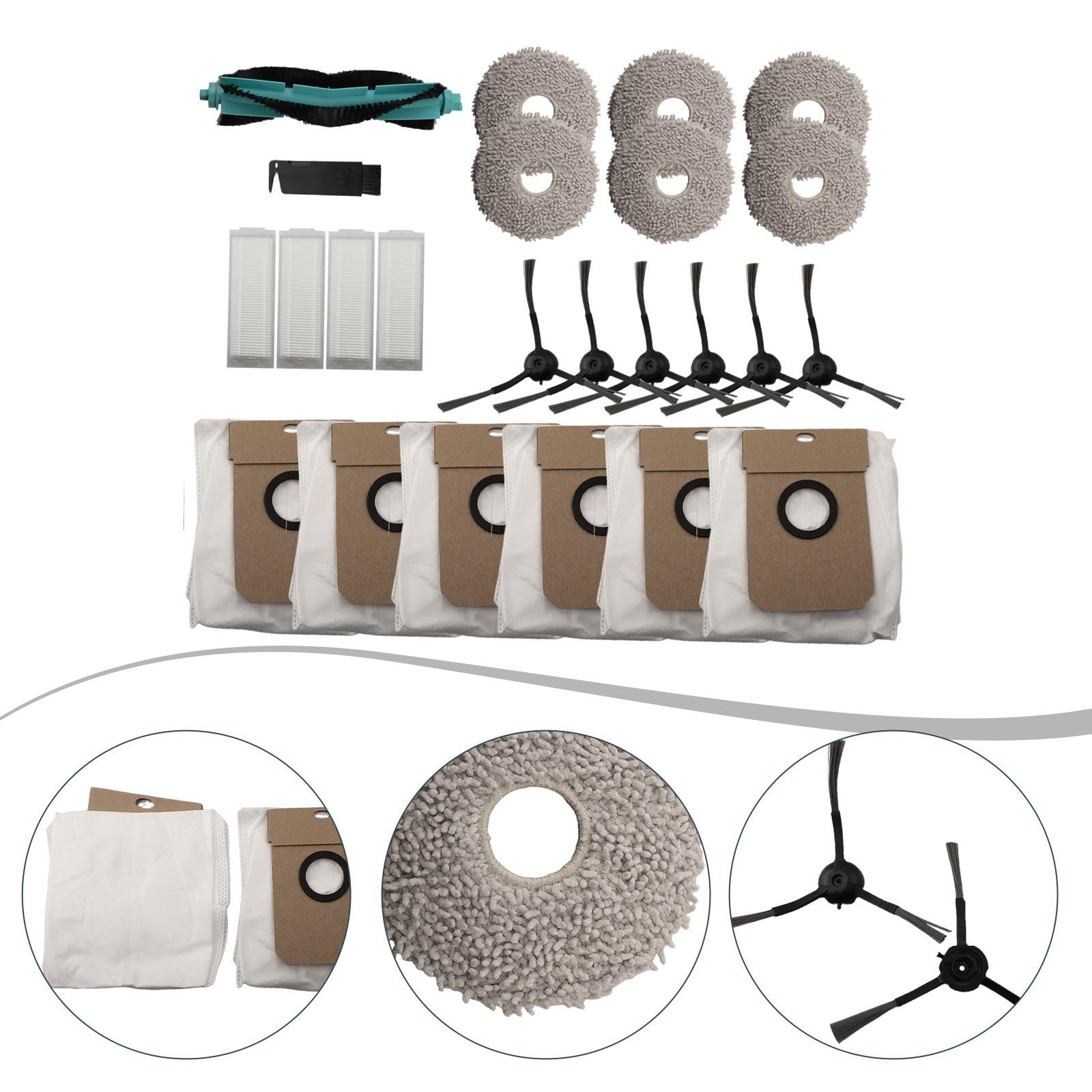 Whychstore Kit spazzola a rullo laterale e panno mocio, compatibile con robot aspirapolvere Cecotec Conga 11090, 16 pezzi di ricambio con filtri e sacchetti
