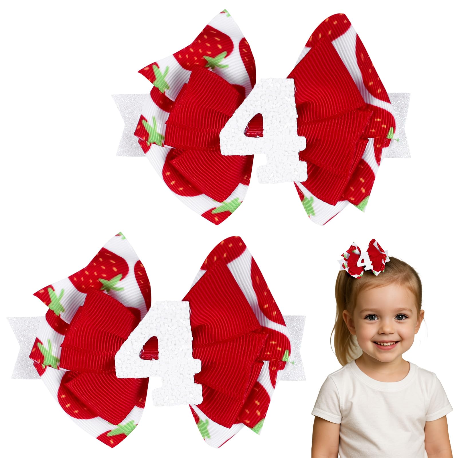 Winmany 2-Pack Birthday Hair Bows for Baby Girls Strawberry Pink & Blue Headbands Hair Clips with Sparkly Numbers for Ages 1-6,Cake Smash Photo Props Party Accessories