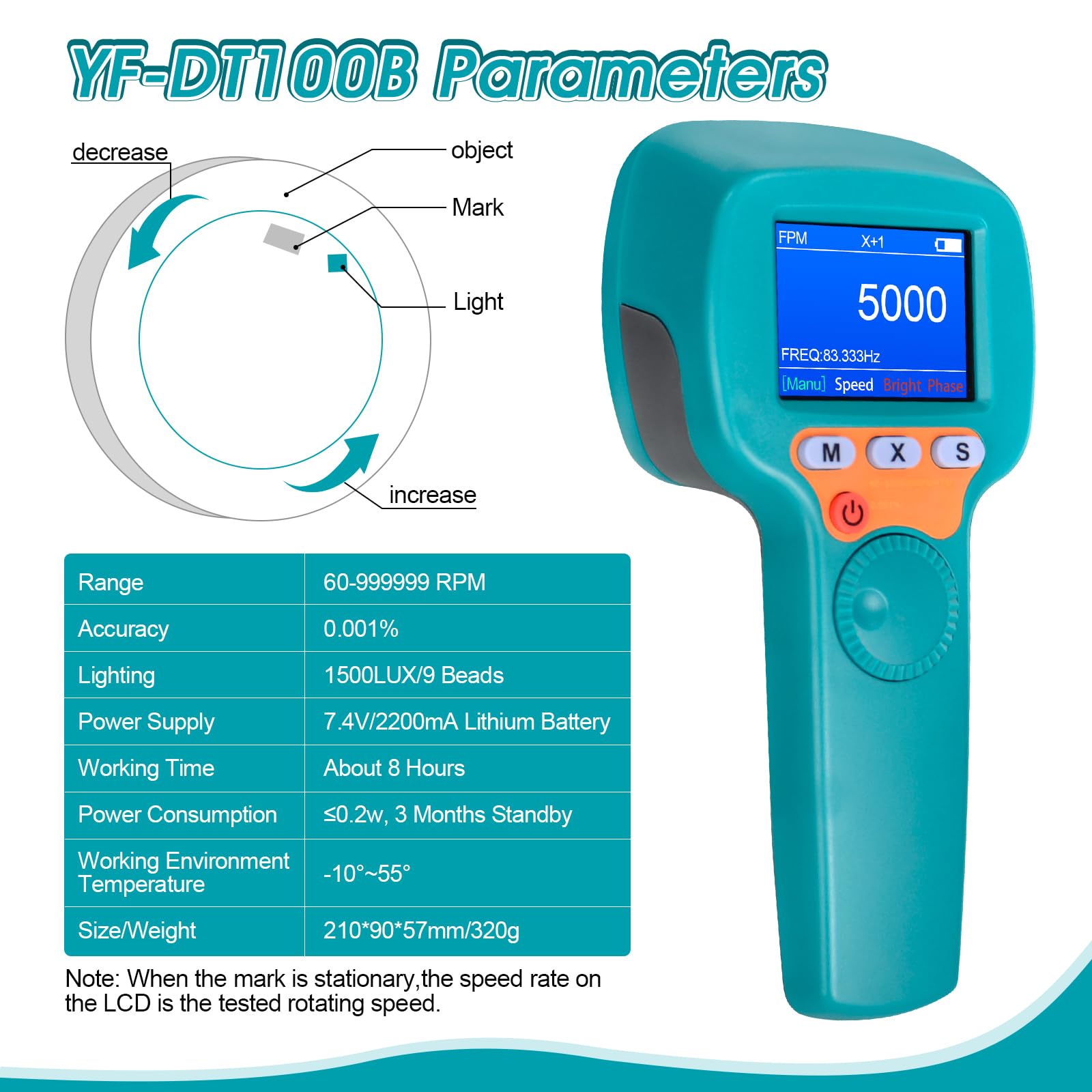 Stroboscopio Digitale Portatile 60-99999 FPM, Stroboscopio LED Senza Contatto YF-DT100B, Tachimetro Stroboscopico da 1500 Lux con Display LCD a Colori, Tachimetro Stroboscopico 2200 mAh