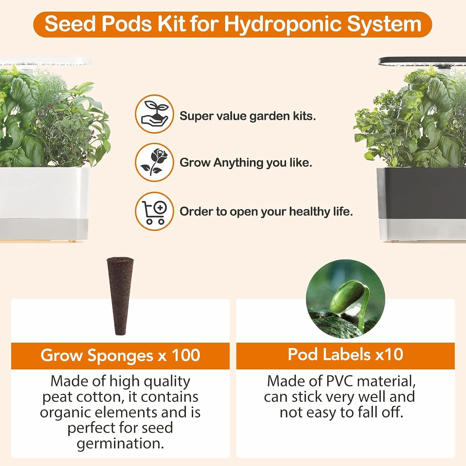 Hydroponic Pods Kit: Compatible with AeroGarden Herb Kits with 100 Grow Sponges; 10 Pods Lable, Highly Breathable - Indoor Garden Kit Supplies for Most Brands