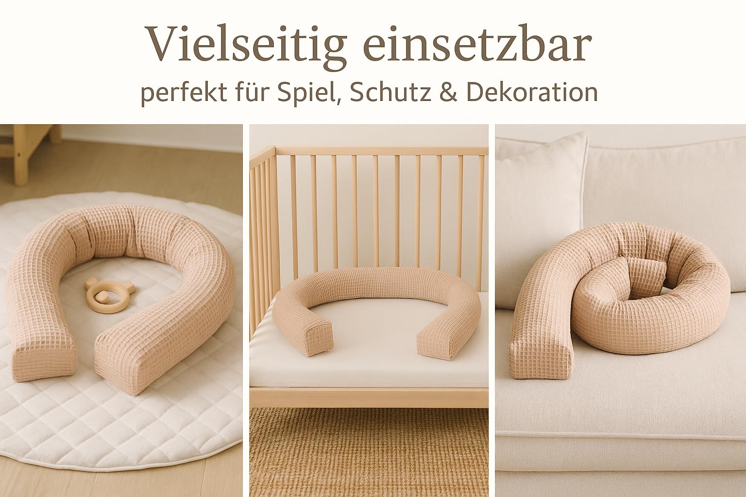 Schlangenmanufaktur® Baby Kuschelschlange Waffelpique Beige aus 100% Baumwolle – handgefertigt in Bayern, atmungsaktiv & Öko-Tex zertifizierte Materialien – Laufstall-Umrandung (450x13cm)