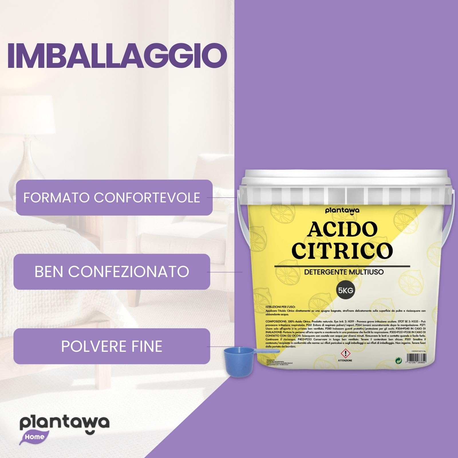 PLANTAWA Acido Citrico in polvere 5kg | Acido Citrico per Pulizia Casa | Multiuso per Lavatrice, Bagno e Cucina | Alternativa Naturale ai Detergenti Chimici | 100% Puro e Versatile