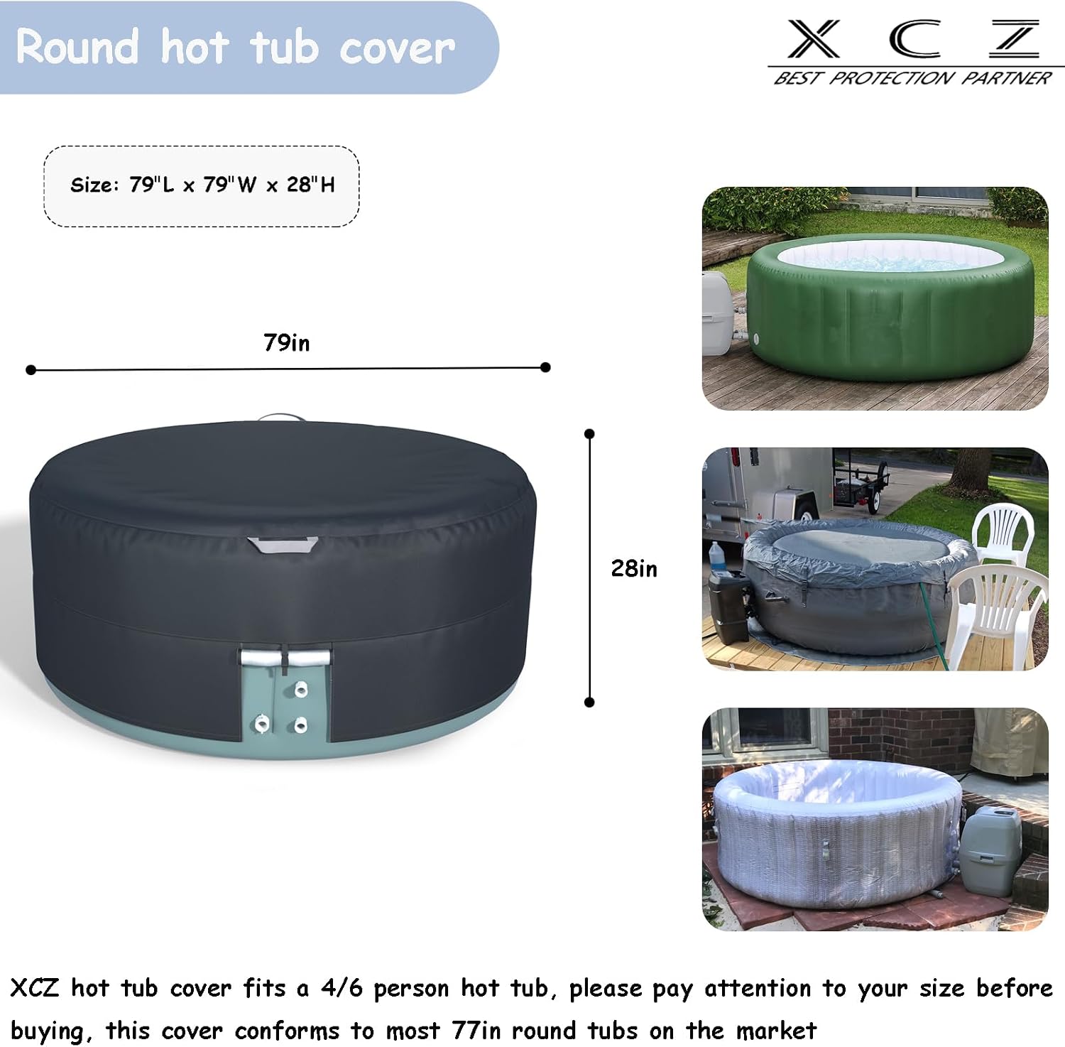 XCZ hot tub Cover, Insulated. Suitable for 77 inches Round 4-6 Inflatable hot tubs, Waterproof/dustproof/Sun-Proof, Black. Only Cover