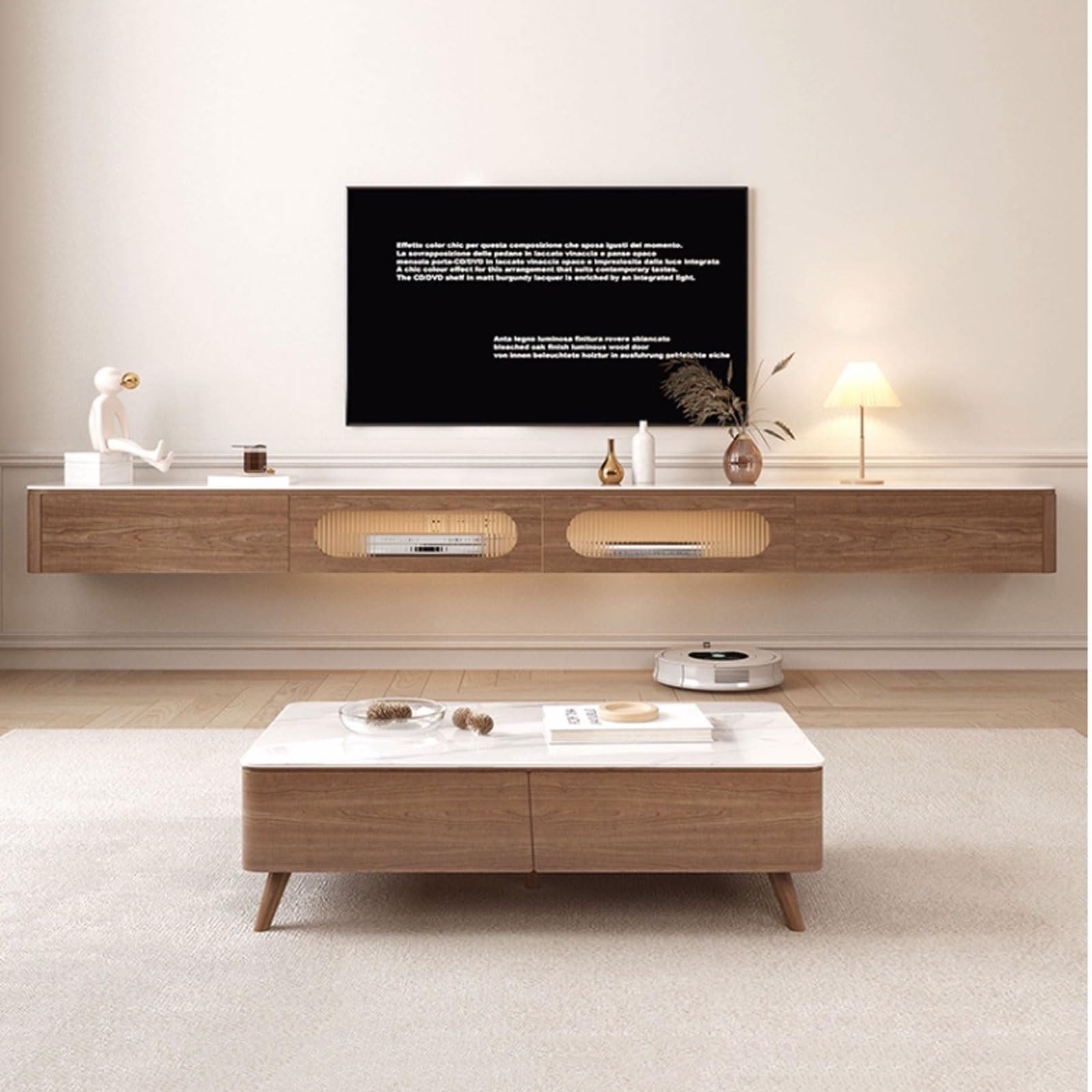 Consola de televisión Mueble de TV Flotante Moderno, Mueble Madera montado en la Pared con 2 cajones y Tablero Pizarra, Soportes flotantes for televisores Centro Entretenimiento LED(Medio)