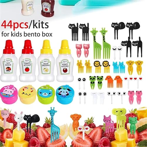 44 pezzi di accessori for il pranzo dei bambini, mini bottiglie di condimento, contenitore for condimento for insalata, stuzzicadenti for cibo a forma di animale, forchetta for frutta for la scuola de - 2