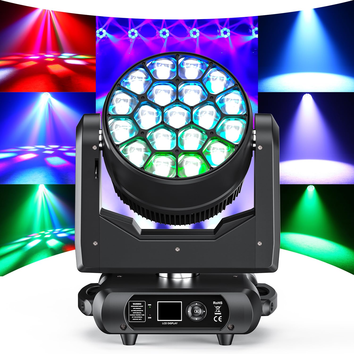 YXFAZPP Professional Moving Head Light, 19x40W RGBW 4in1 LED DJ Lights with Beam Wash Zoom Strobe Effect, for Parties Discos Wedding Club