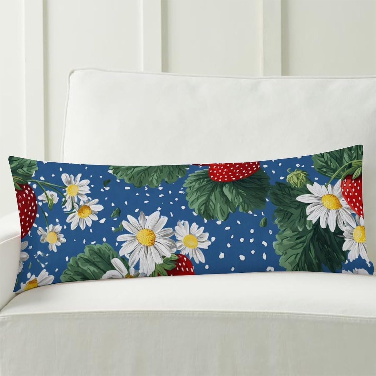 Strawberry Daisy Leaves Dots Body Pillow Cover Long Cushion 18.9x53.1 Inch