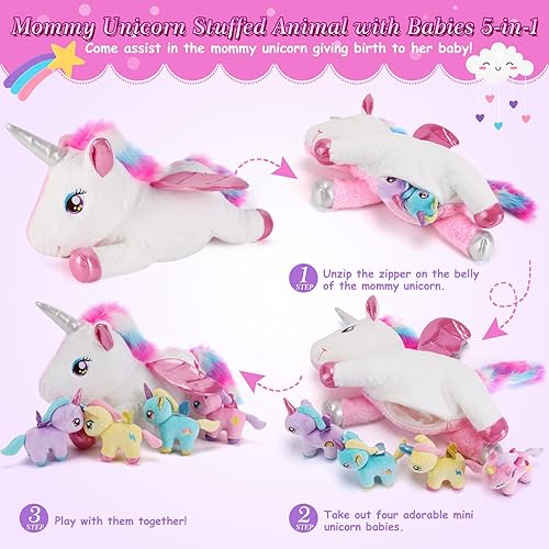 Miniatura 2 de 5 piezas de animales de peluche de unicornio, 1 unicornio de peluche para mamá con 4 bebés, regalos de unicornios para niñas de 3, 4, 5, 6, 7, 8,