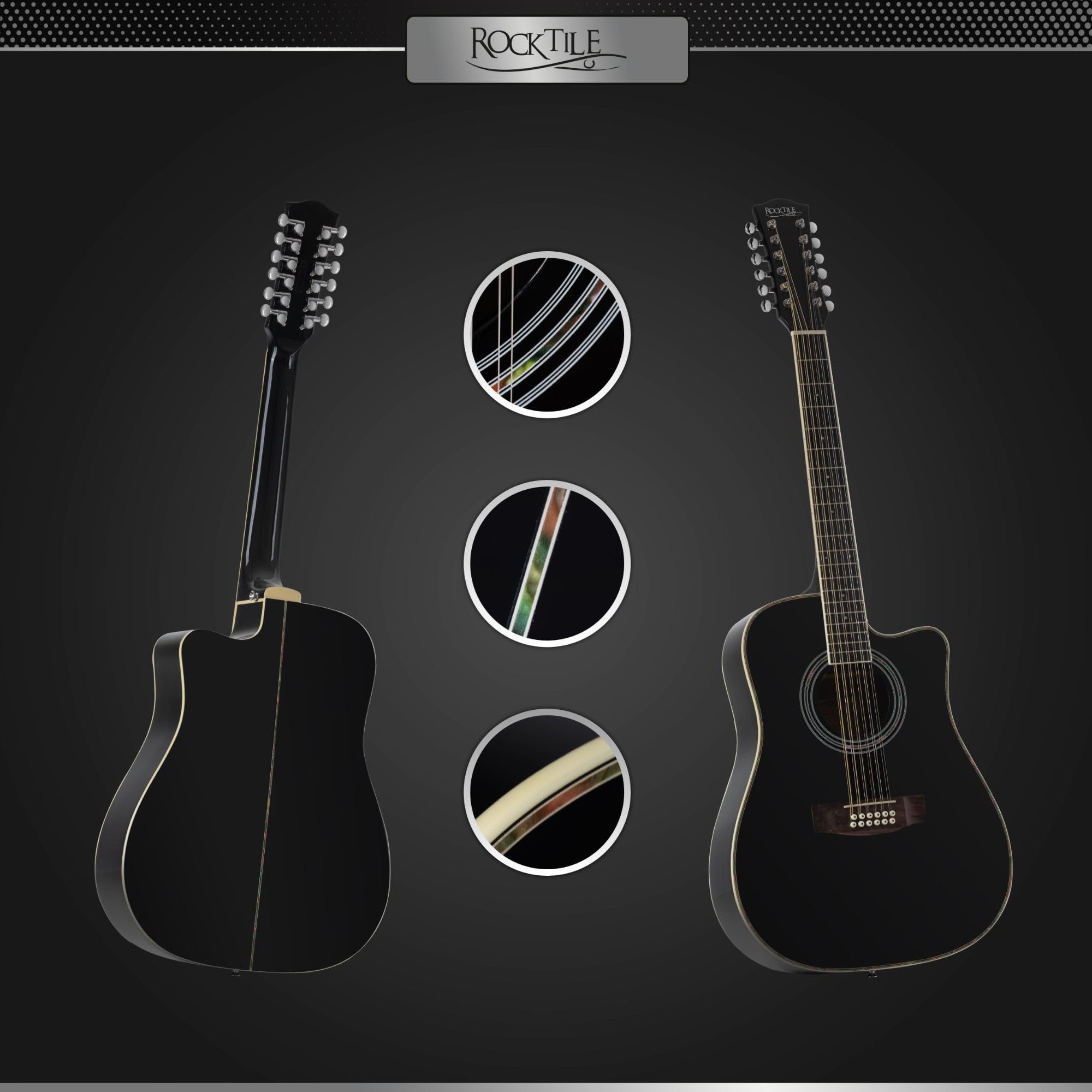 Rocktile WSD12-50C-BK Chitarra Western Nera, Allgemein, Peso: 2, 36 kg | Modell: WSD12-50C-BK, 36 kg, Numero di corde: 12, Orientamento: Destrimano, Korpus, Forma corpo: Dreadnought con Cutaway