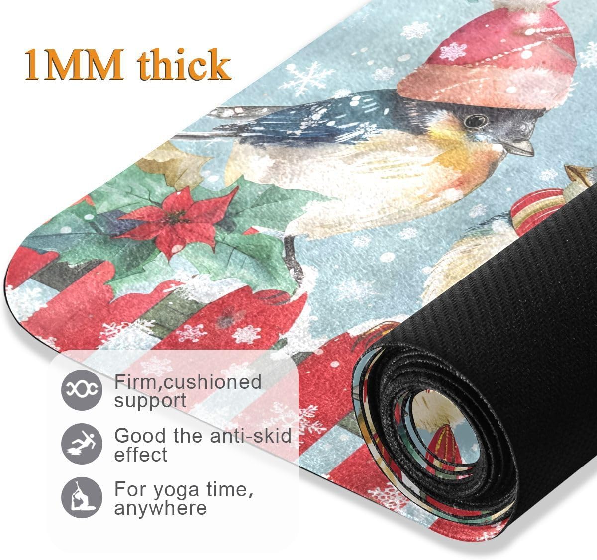 ALAZA Birds Wearing Winter Hats Scarves Yoga Mat Non Slip Fitness Exercise Mat, Workout Mat for Yoga, Pilates and Floor Exercises