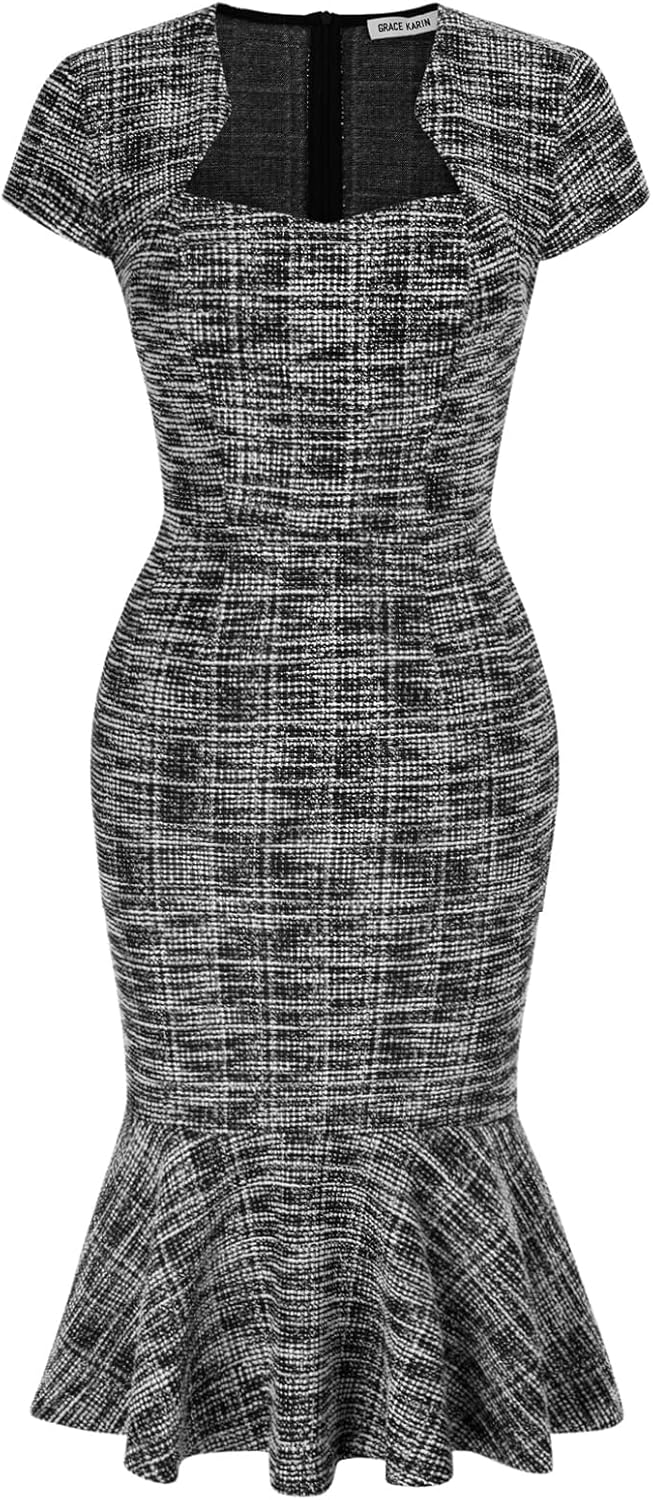 Grace Karin Cap Sleeve Fishtail Tweed Cocktail Dress