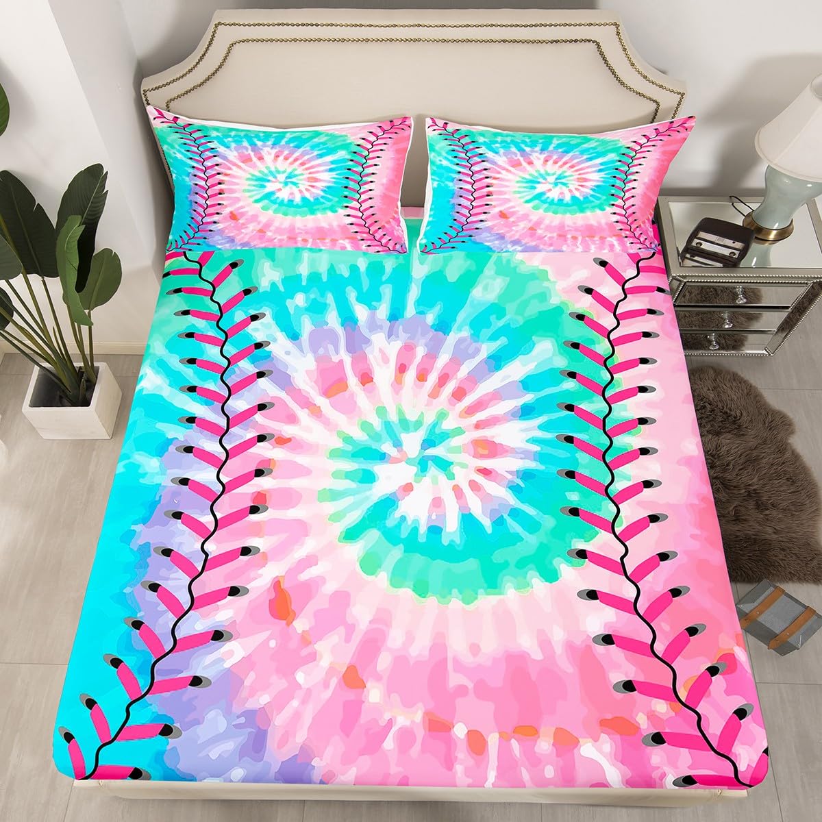 Feelyou Tie Dye Baseball Kids Sheets with Deep Pocket Fitted Sheet Twin,Softball Bed Sheets Set for Boys Girls Sports Game Sheet Set for Teens Sports Bedding Set Microfiber Soft Bed Set