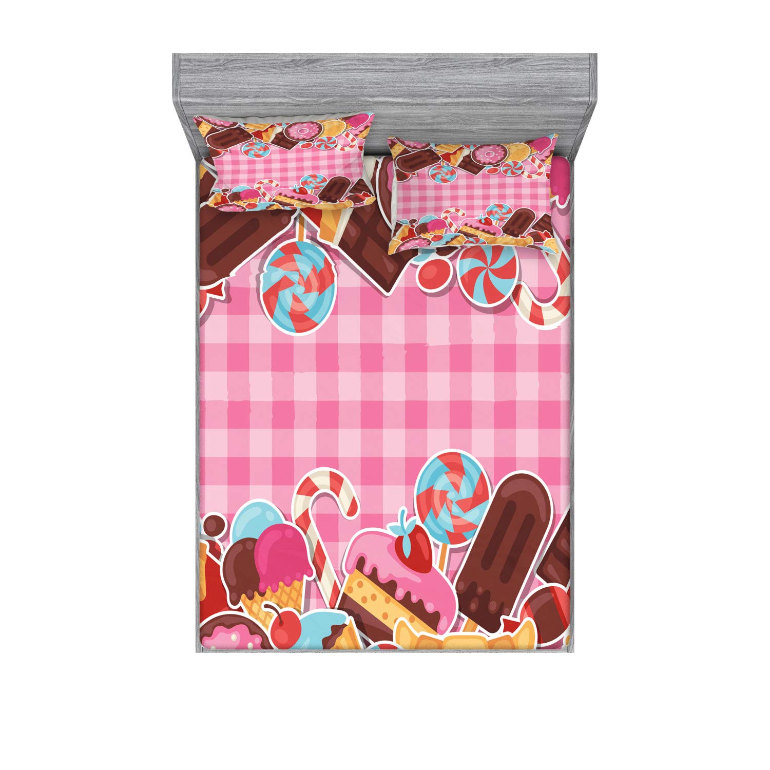 Ambesonne Sweets Fitted Sheet & Pillow Sham Set, Candy Cookie Sugar Lollipop Cake Ice Cream Girls Design, Decorative Printed 2 Piece Bedding Decor Set, Full, Brown Pale Pink