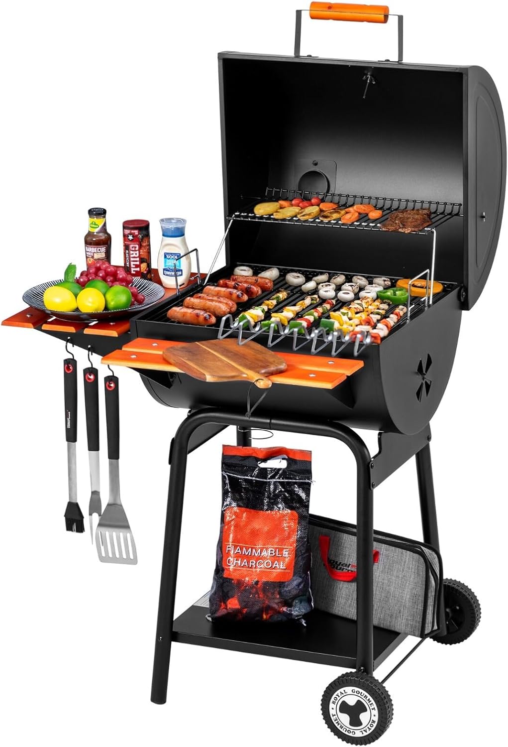 Charcoal BBQ Grill with Wooden Front Shelf & Side Shelf Black