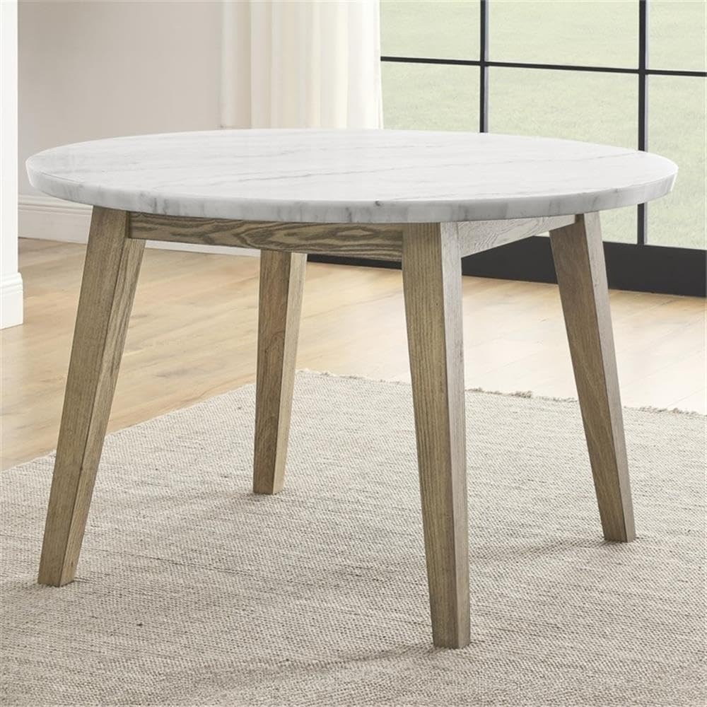 Pemberly Row Contemporary 5-Piece Dining Set, 48 in Round White Marble Table with Burnished Hardwood Legs and 4 Gray Upholstered Chairs, Mid-Century Modern Style Dining Room Furniture