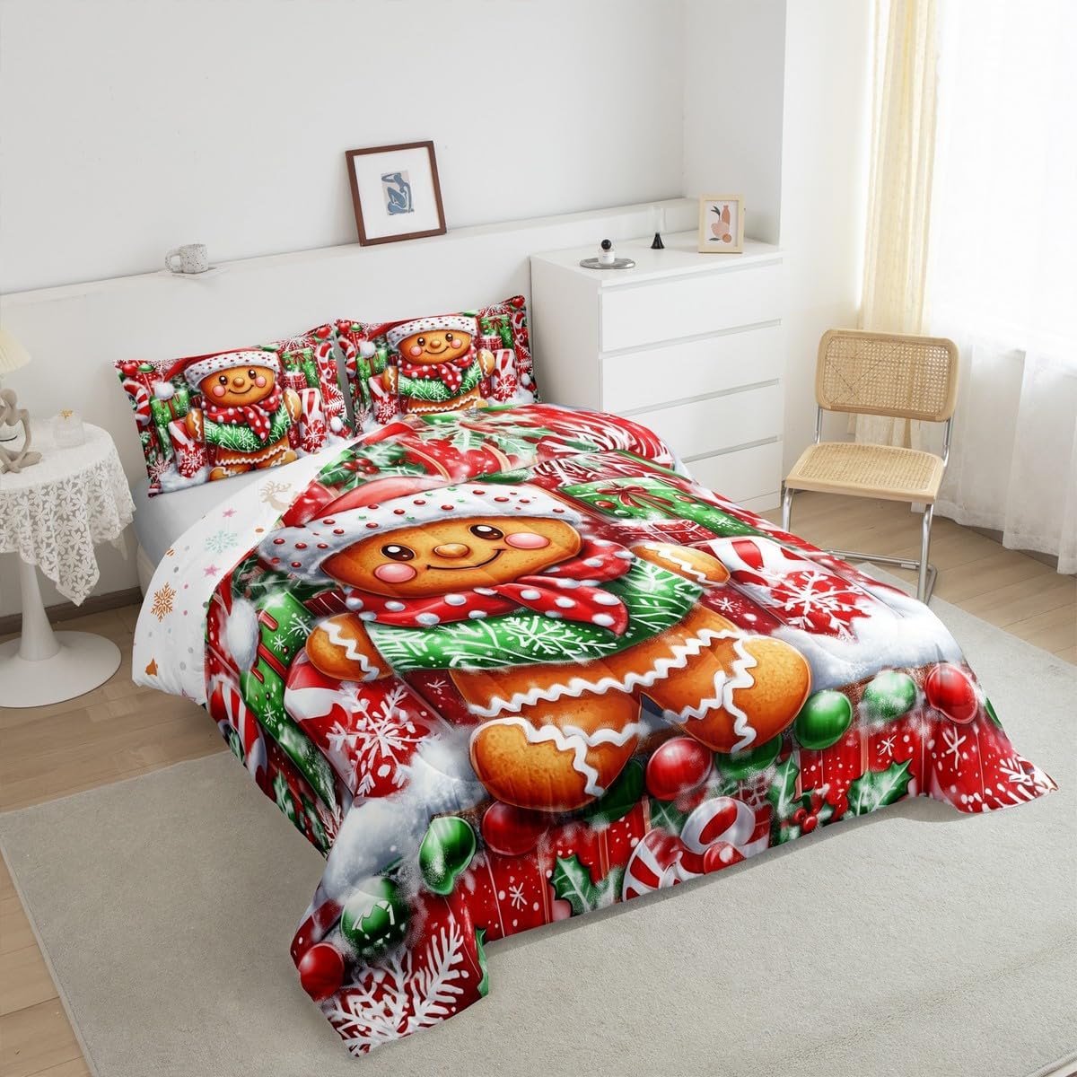 Erosebridal Cute Gingerbread Man Bedding Comforter Sets Twin,Cartoon Christmas Bedding Set Xmas Winter Snowflake Comforter Set Gift for Kids Girls Women New Year Holiday Quilt Duvet 2 Pcs