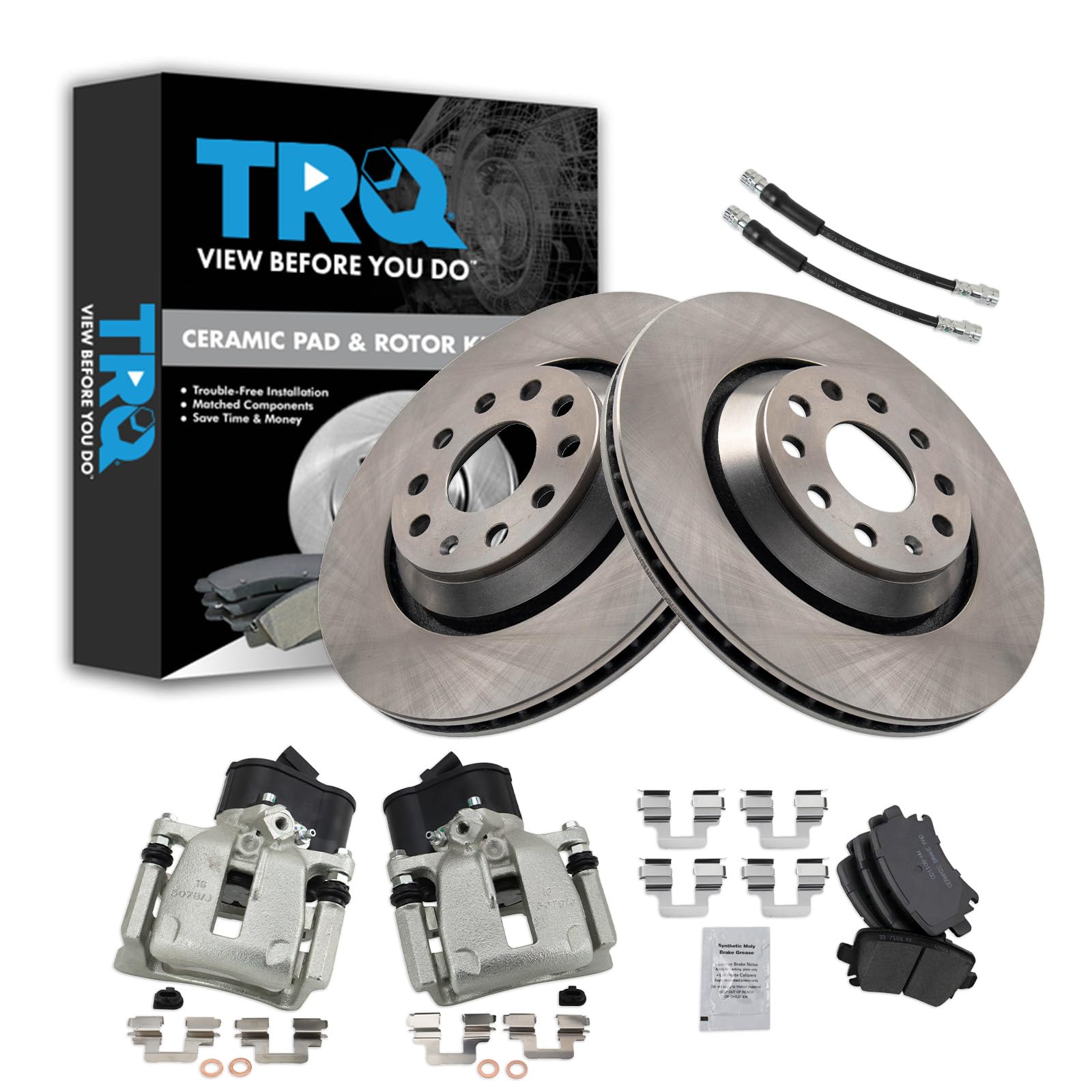 TRQ Rear Brake Pad and Rotor Set Ceramic Rotors Calipers Compatible with 2010-2016 Volkswagen CC 2010 Passat