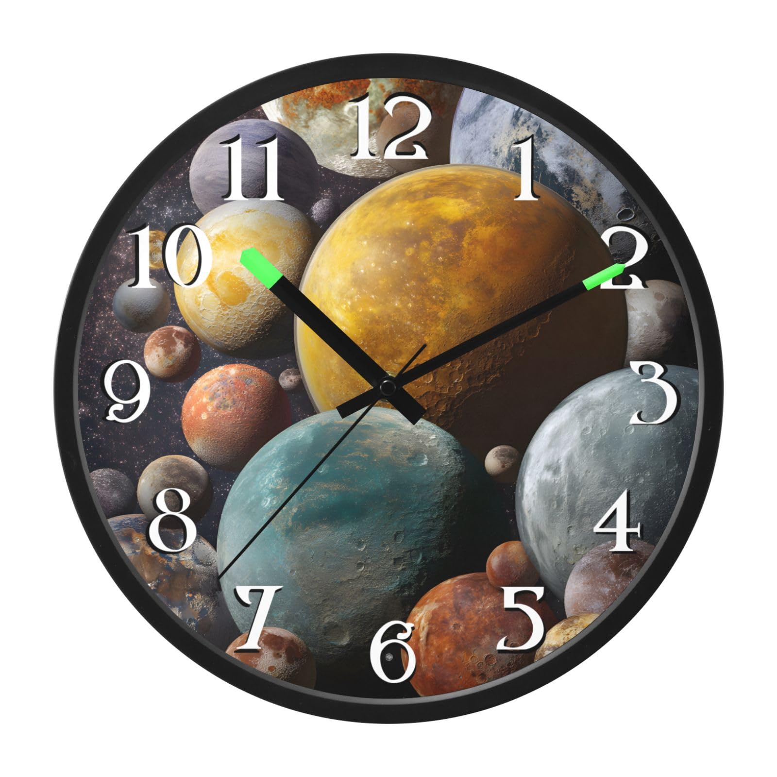 Mnsruu Planetas Lunas Espacio Galaxia Reloj de pared luminoso Reloj de dormitorio funciona con pilas, reloj silencioso que brilla en la oscuridad para sala de estar y cocina, 30,5 cm