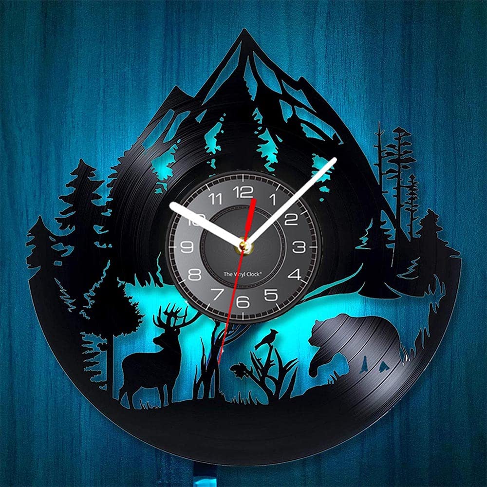 Smotly Black Vinyl Wall Clock, Forest Wildlife Themed Silent With Led Night Light Function Is A Wall Clock Gift For Nature Lovers.