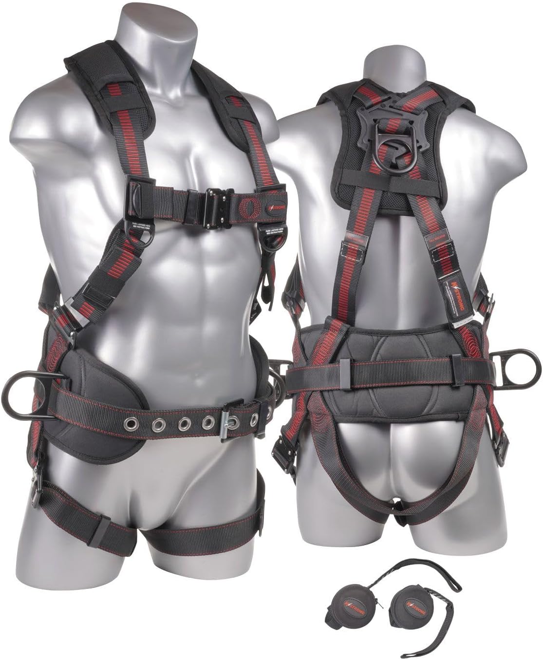 KStrong UFH10331P Kapture Epic 5-Point Full Body Safety Harness Fall Protection with 3 D-Rings, Quick Connect Chest and Mating Buckle Legs, ANSI Compliant, L-XL, Black/Red