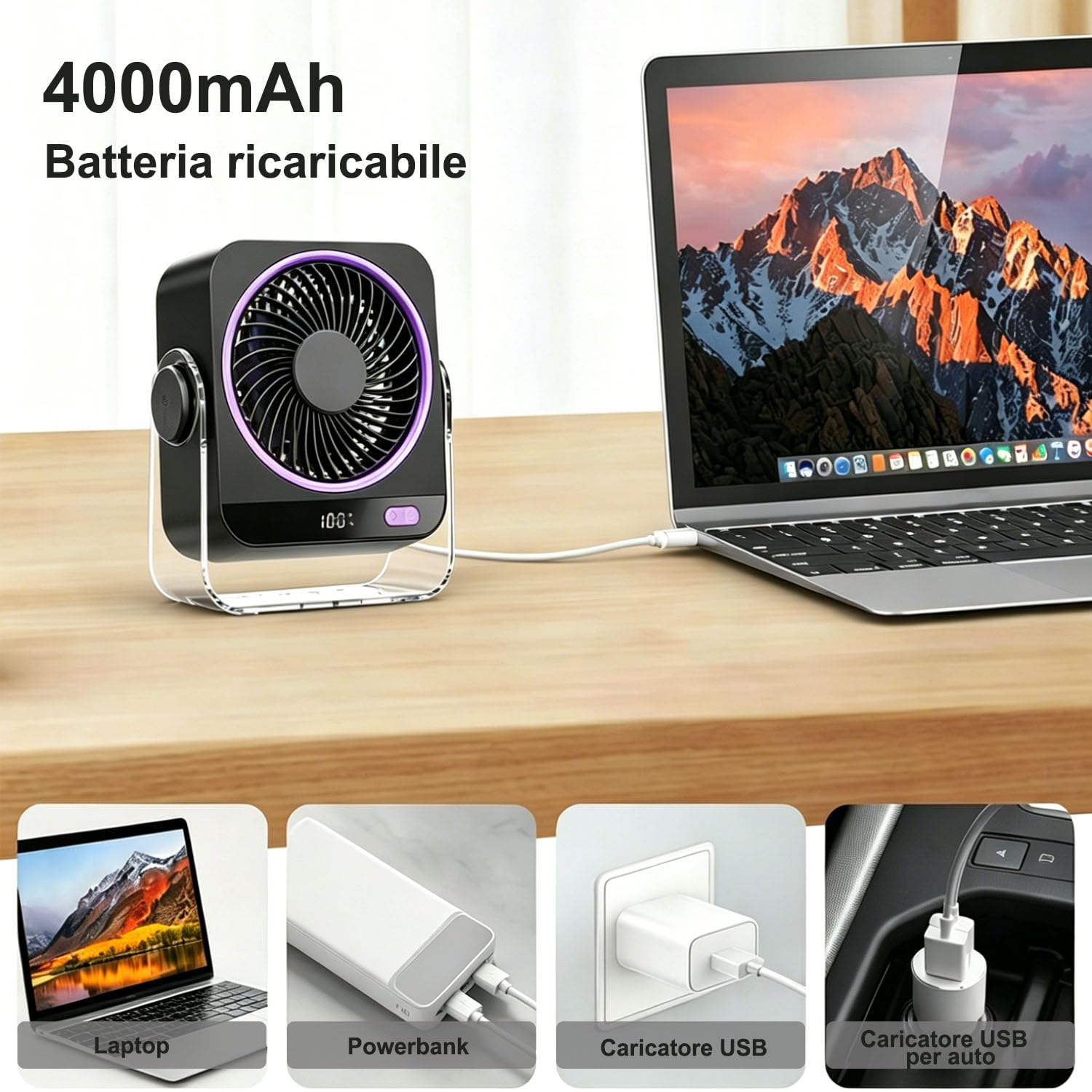 Ventilatore da Tavolo, Ventilatore Portatile 4000 mAh USB Ricaricabile, 5 Velocità Angolo Regolabile a 180° Ventilatore da Scrivania per Ufficio, Casa, Campeggio