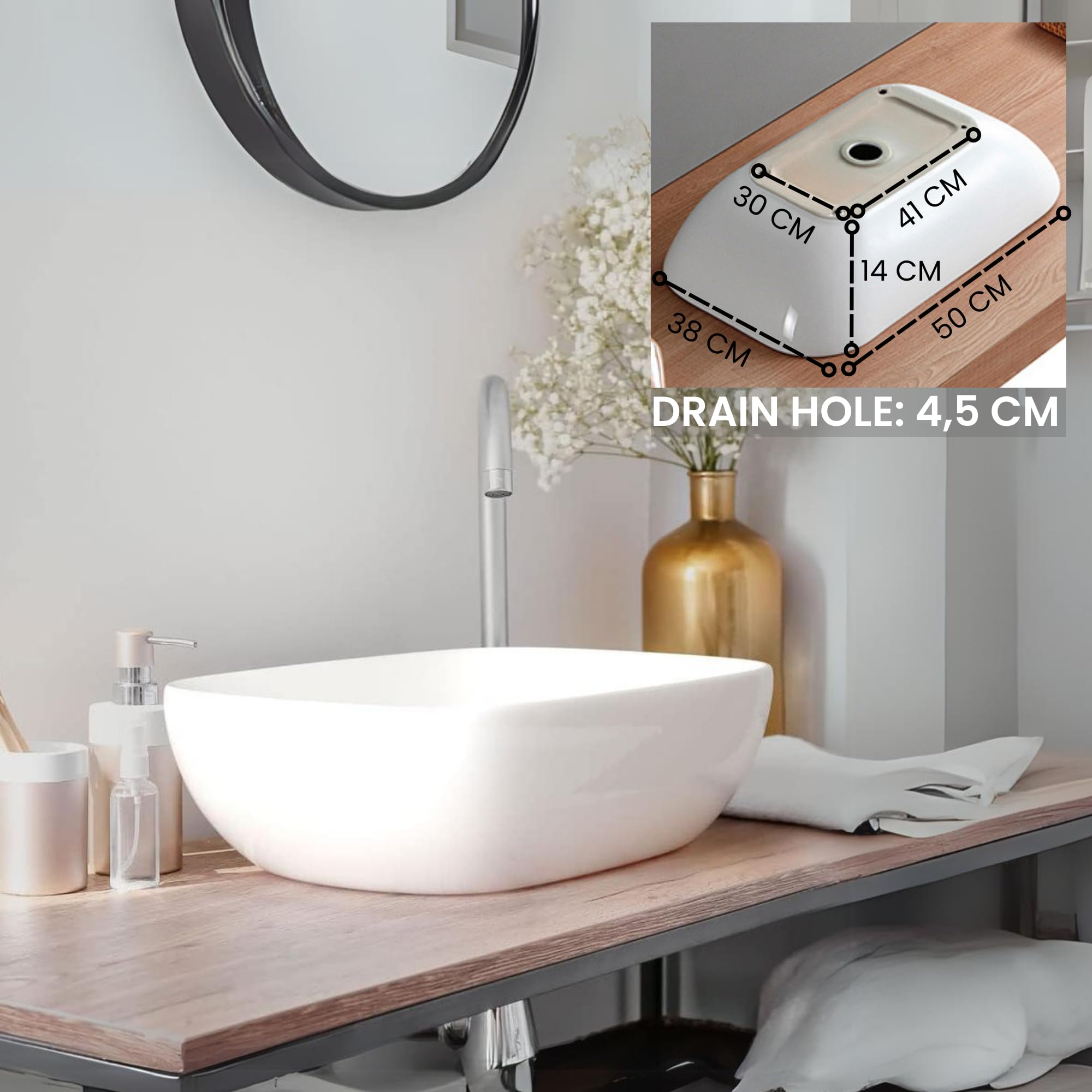 MAGIC SELECT Lavabo in Ceramica, Lavabo da Appoggio Bianco, Lavabo Sospeso Bagno Antimacchia, Facile da Pulire con Attacchi Standard. Ideale per Cucina o Bagno. (50x38x14 CM) | Antimacchia, facile da pulire, connessioni standard, 50 x 38 x 14 cm